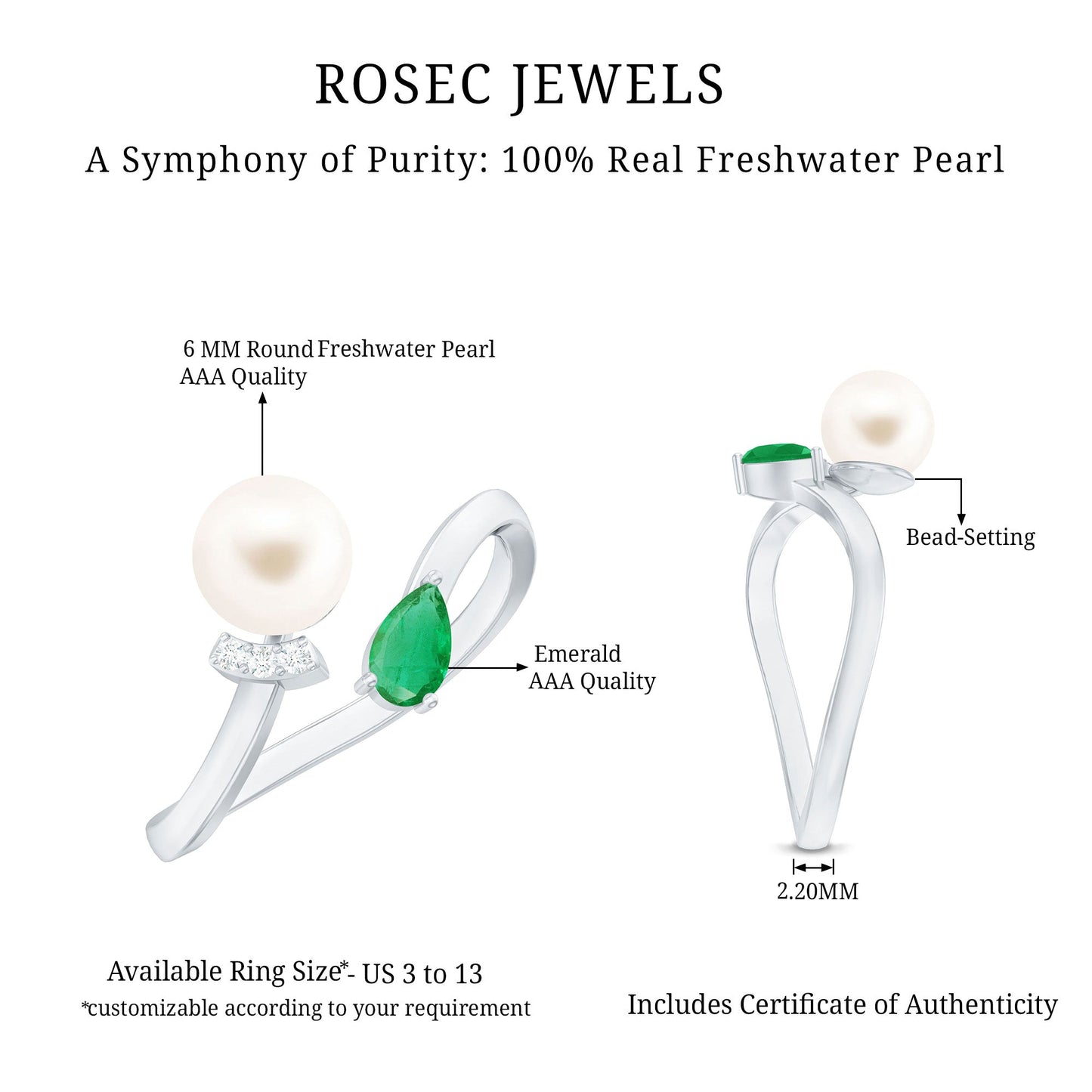 Cultured Freshwater Pearl Emerald Toi Et Moi Promise Ring