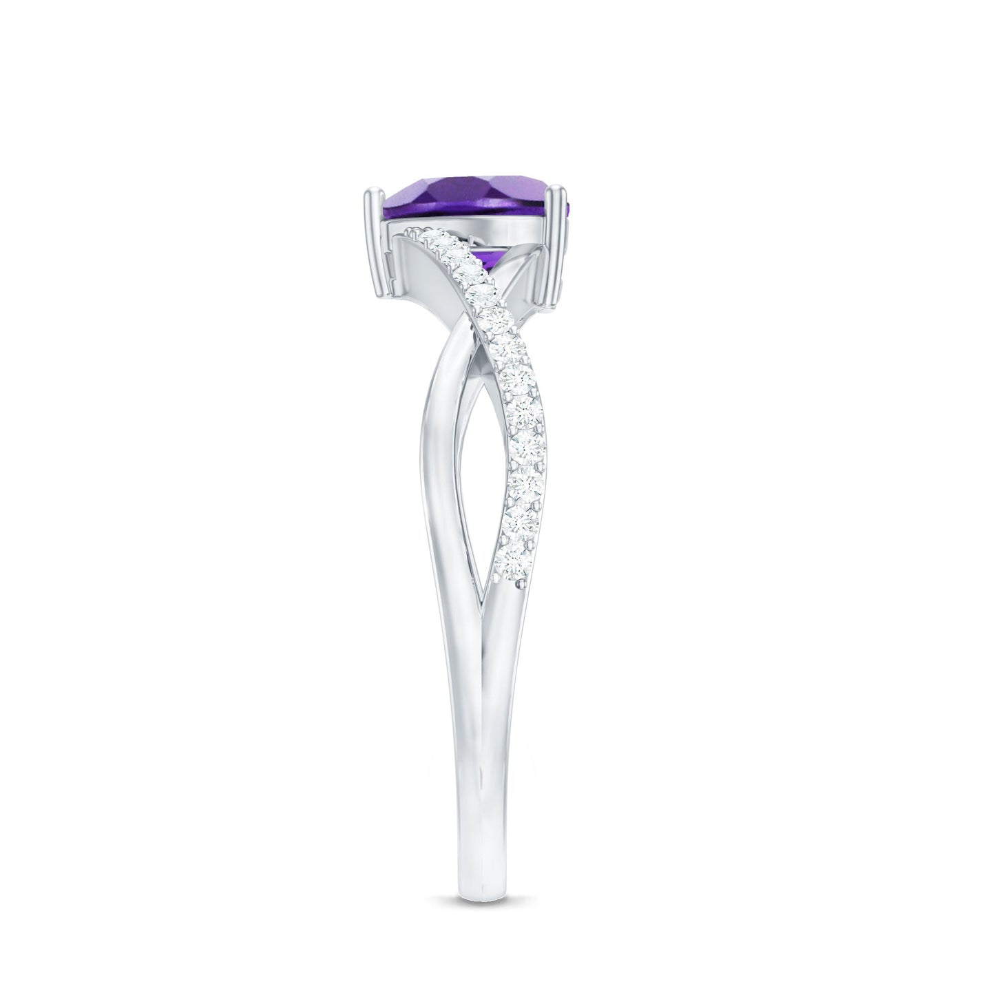 Heart Shape Amethyst Solitaire Crossover Ring with Diamond