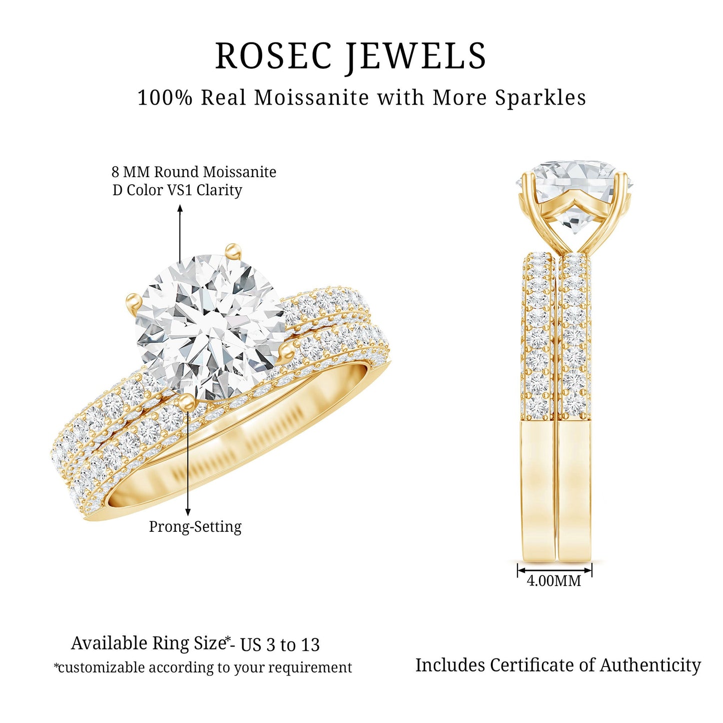 High Set Moissanite Solitaire Engagement Ring with Matching Band