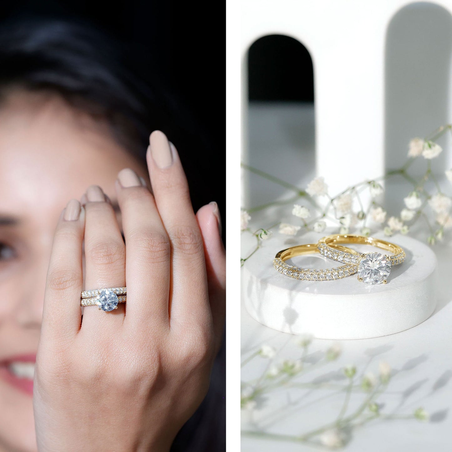 High Set Moissanite Solitaire Engagement Ring with Matching Band