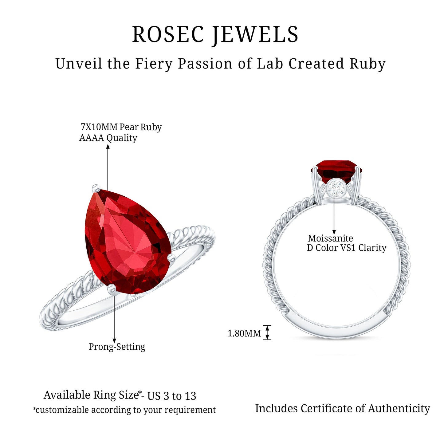 Pear Cut Created Ruby Solitaire Ring with Hidden Moissanite