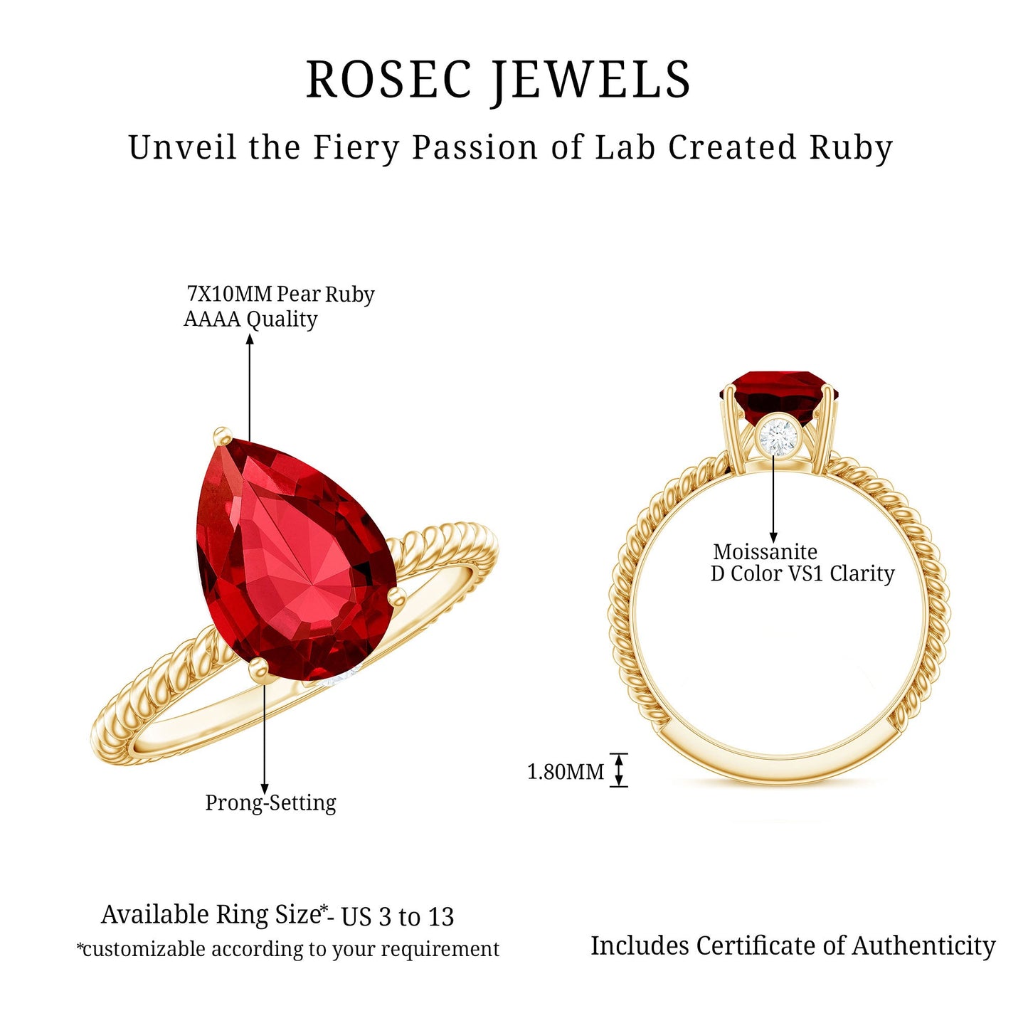 Pear Cut Created Ruby Solitaire Ring with Hidden Moissanite