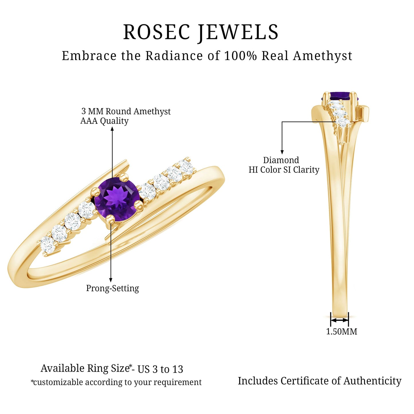 0.25 CT Amethyst Minimal Ring Diamond Bypass Shank