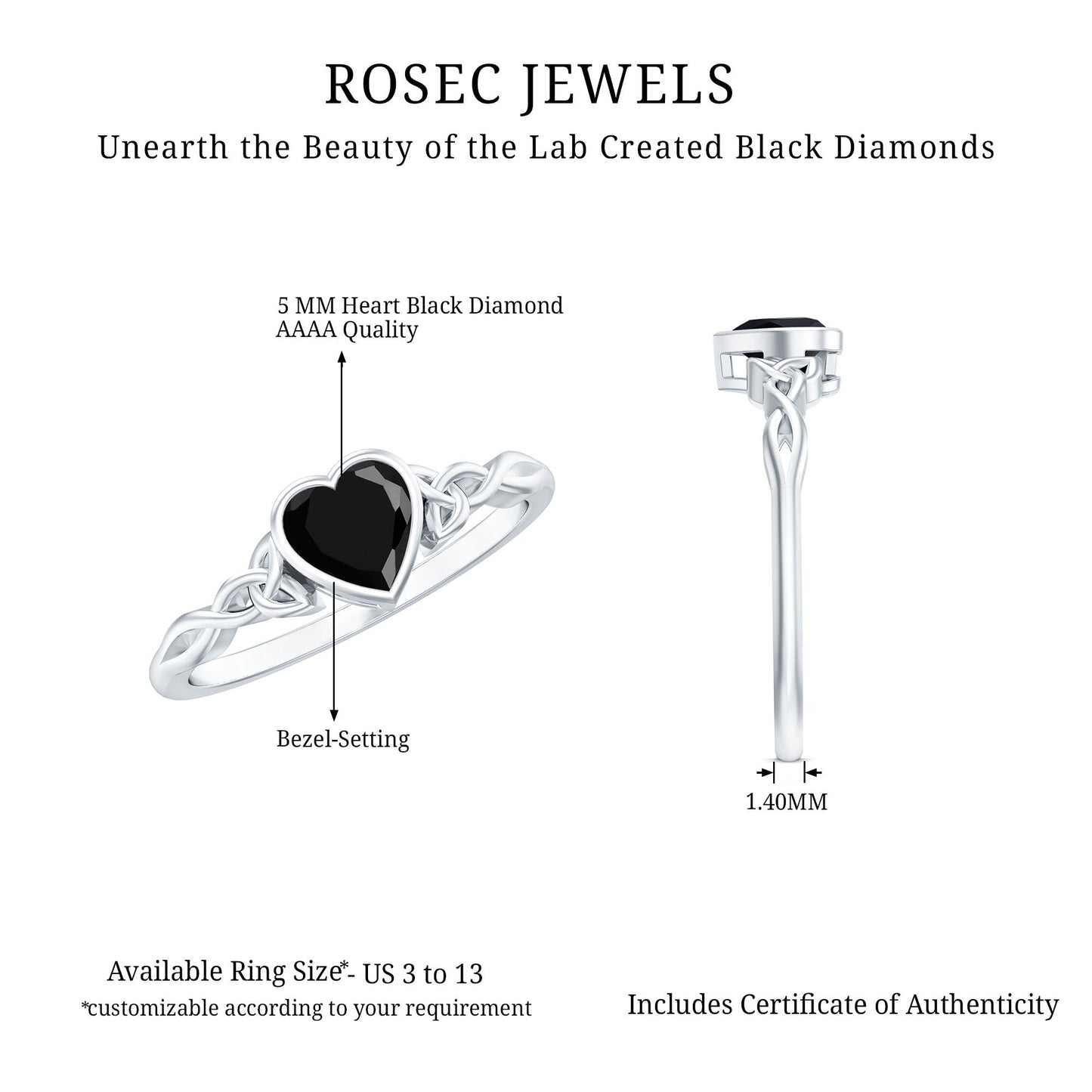 5 MM Heart Shape Lab Grown Black Diamond Solitaire Celtic Ring in Bezel Setting