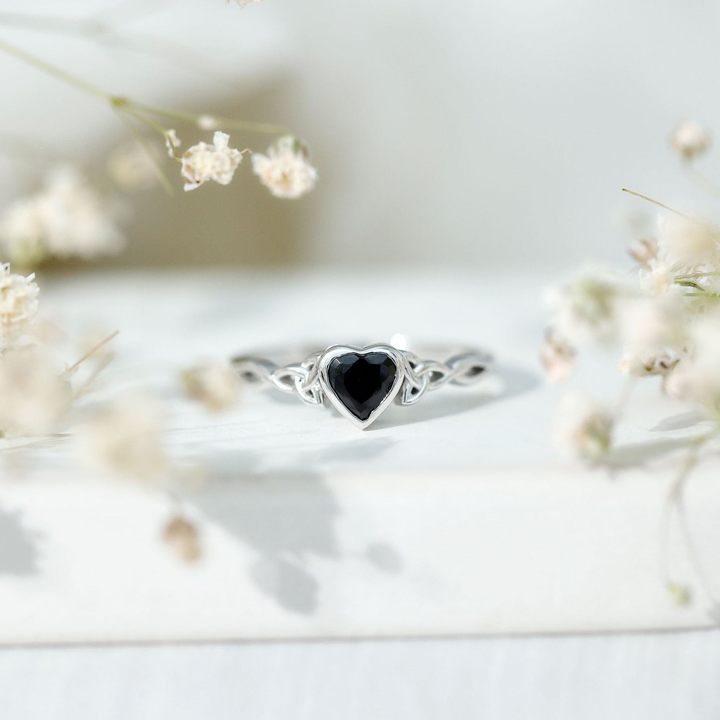 5 MM Heart Shape Lab Grown Black Diamond Solitaire Celtic Ring in Bezel Setting