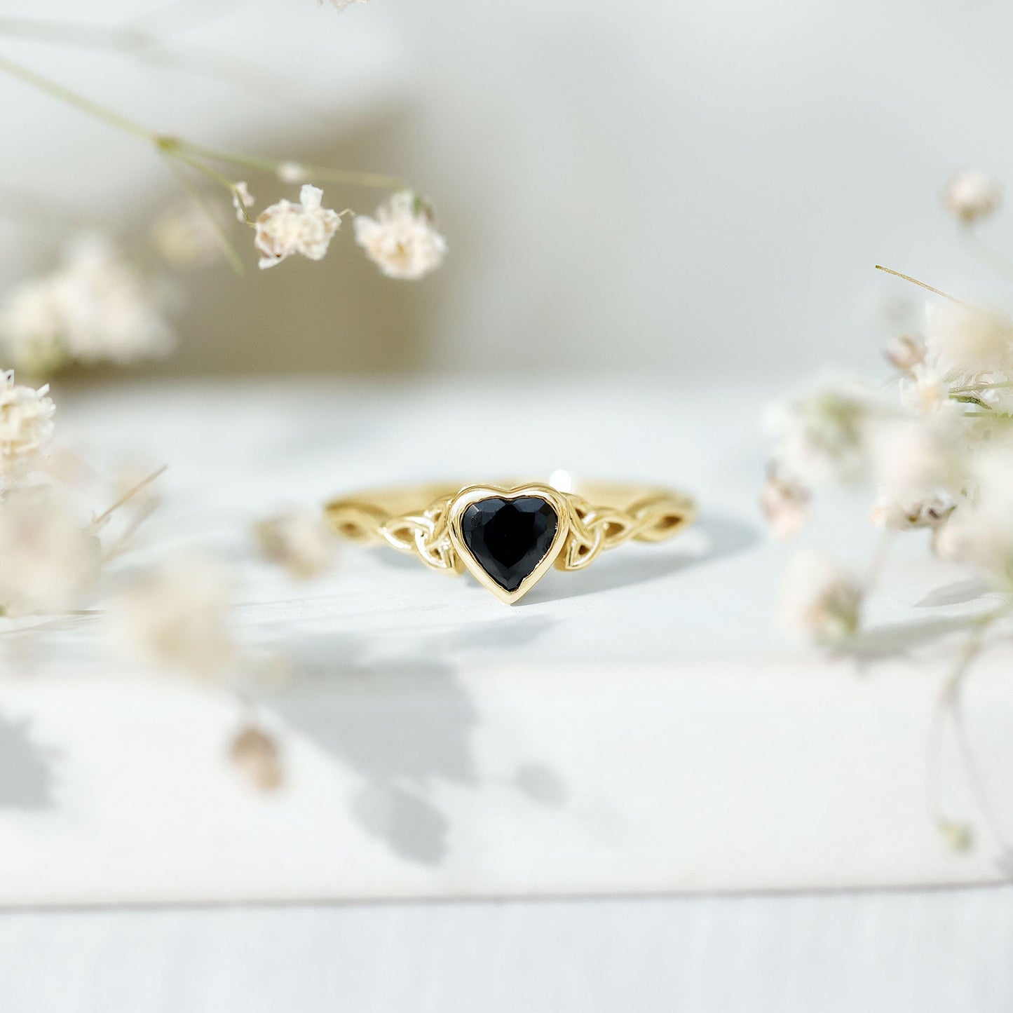 5 MM Heart Shape Lab Grown Black Diamond Solitaire Celtic Ring in Bezel Setting