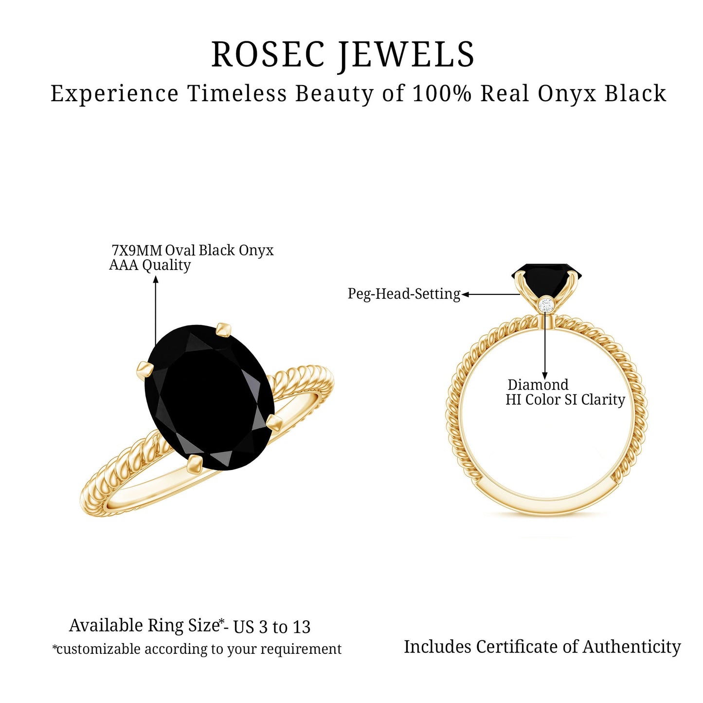 7X9mm Oval Cut Black Onyx Solitaire Engagement Ring with Diamond