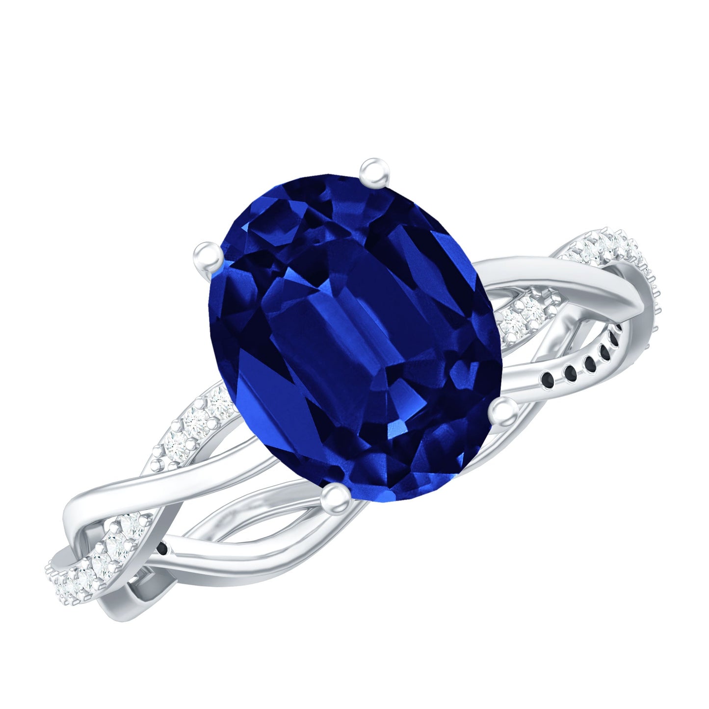 Certified 4 Carat Lab Grown Blue Sapphire Oval Engagement Ring with Diamond Braided Shank