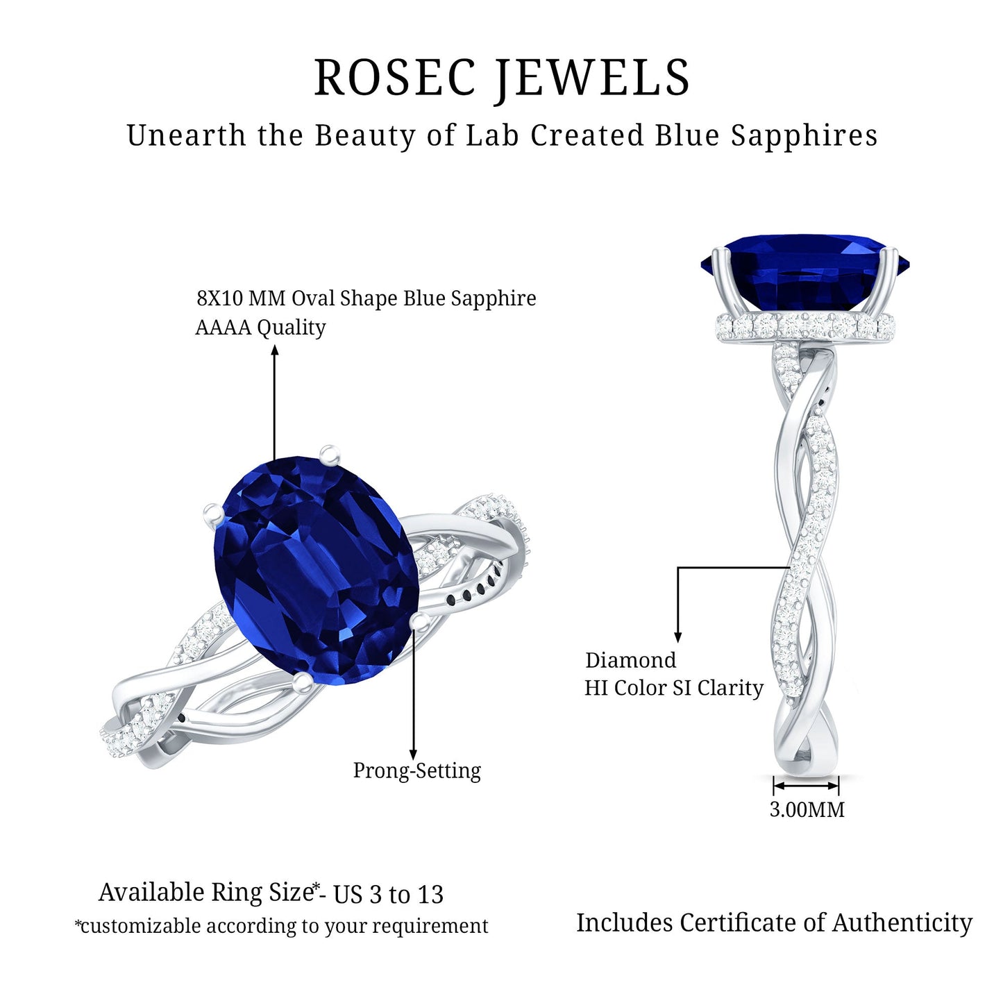 Certified 4 Carat Lab Grown Blue Sapphire Oval Engagement Ring with Diamond Braided Shank