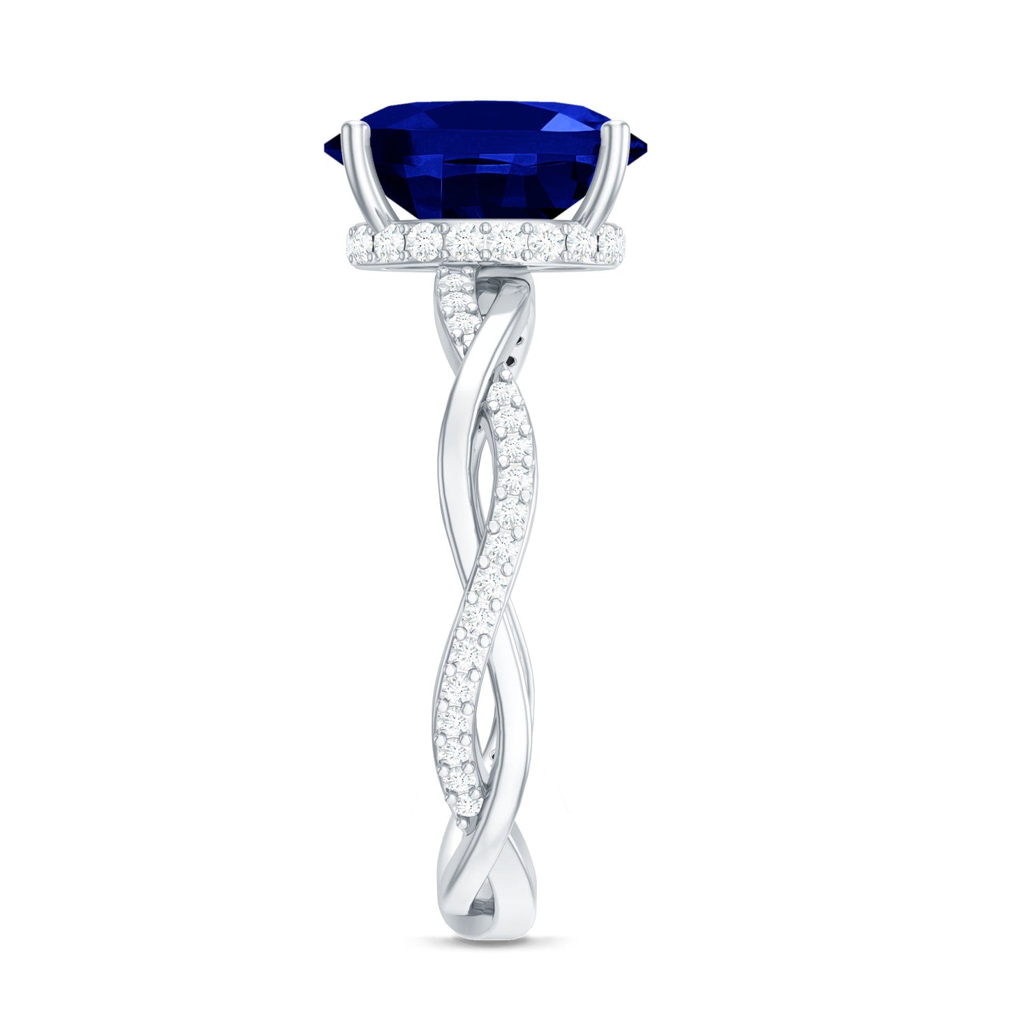 Certified 4 Carat Lab Grown Blue Sapphire Oval Engagement Ring with Diamond Braided Shank