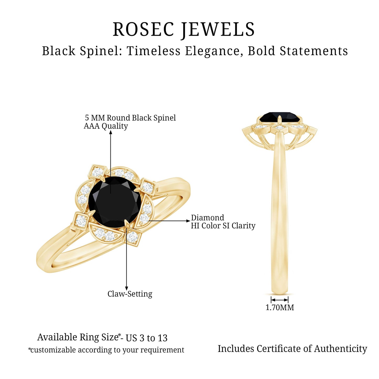 Vintage Style Black Spinel Engagement Ring with Diamond