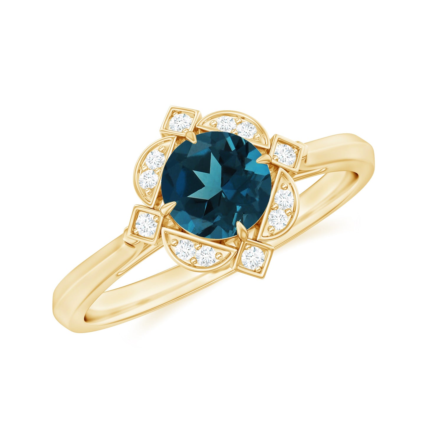Round Cut London Blue Topaz and Diamond Flower Engagement Ring