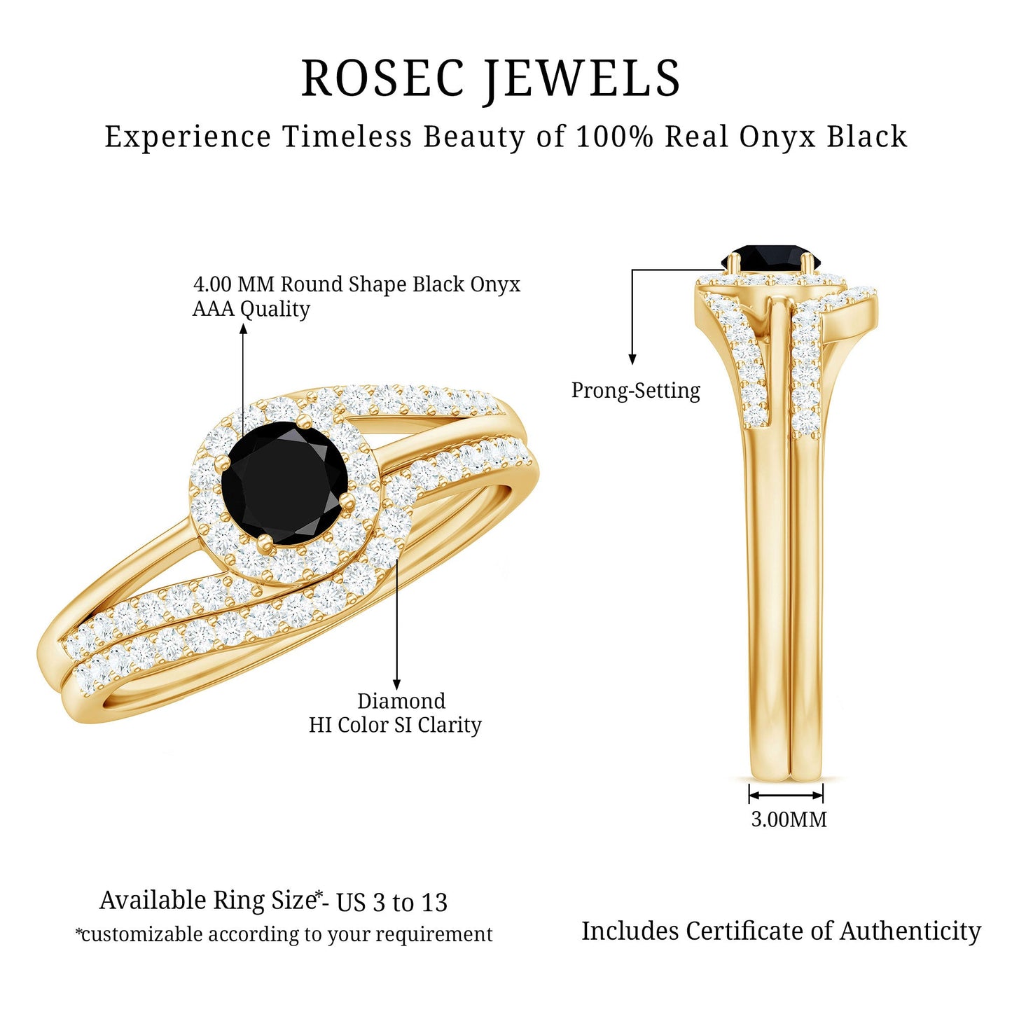 Black Onyx Minimal Wedding Rings Set with Diamond Curved Band