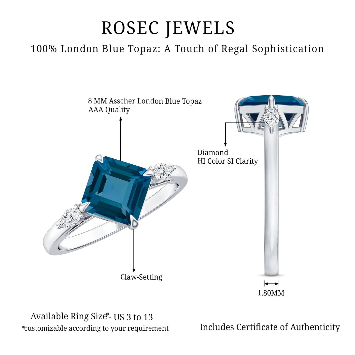8mm Asscher Cut London Blue Topaz Diagonal Solitaire Ring with Marquise Diamond
