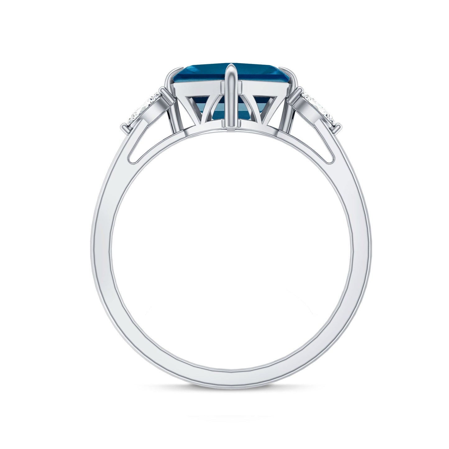 8mm Asscher Cut London Blue Topaz Diagonal Solitaire Ring with Marquise Diamond