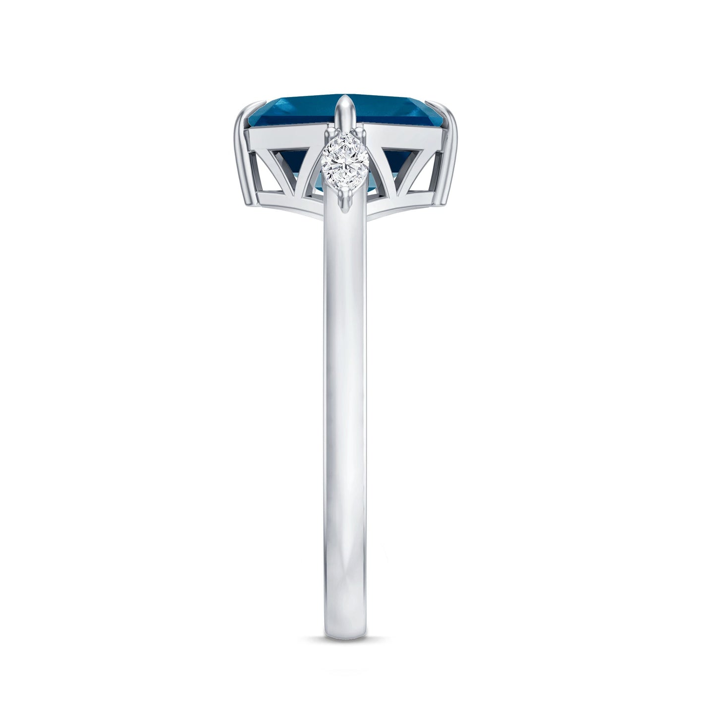 8mm Asscher Cut London Blue Topaz Diagonal Solitaire Ring with Marquise Diamond