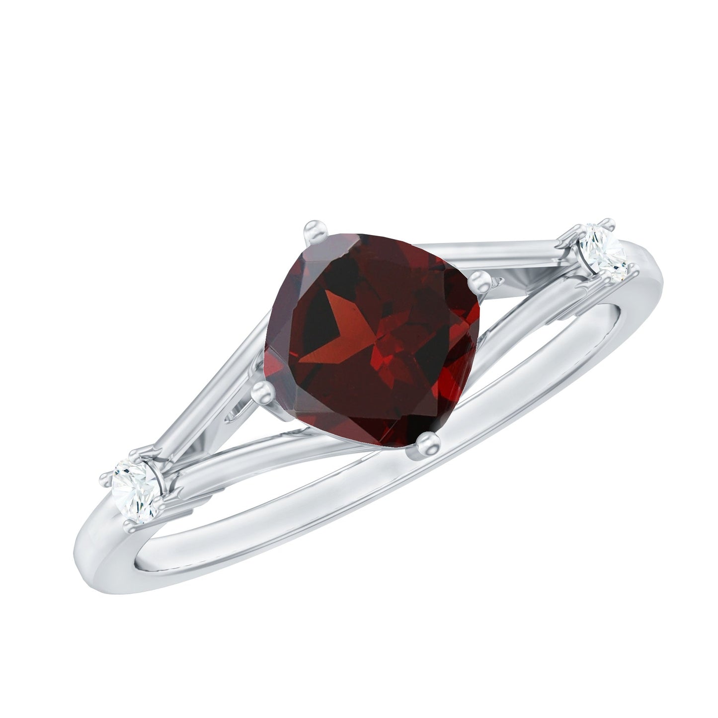Silver ring with a red gemstone on a white background