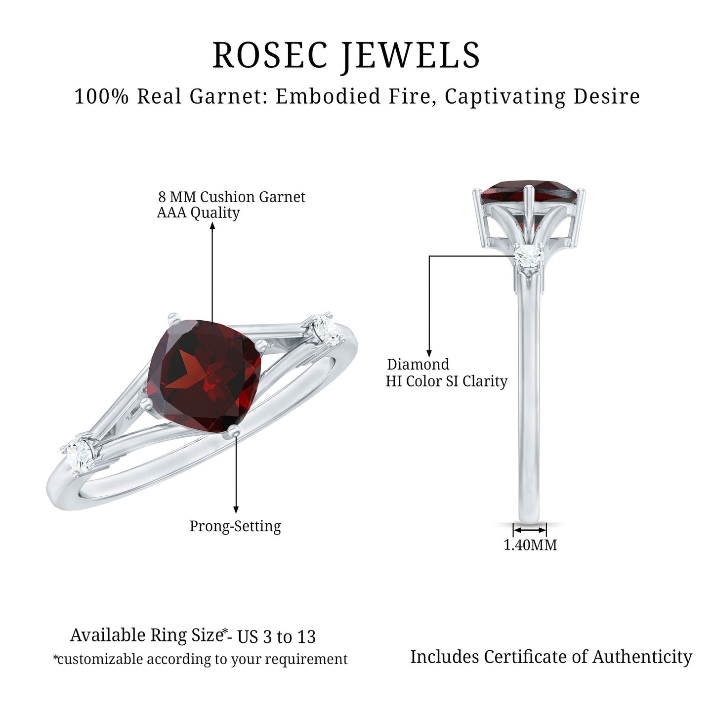 Rosec Jewels garnet ring with diamond on a white background