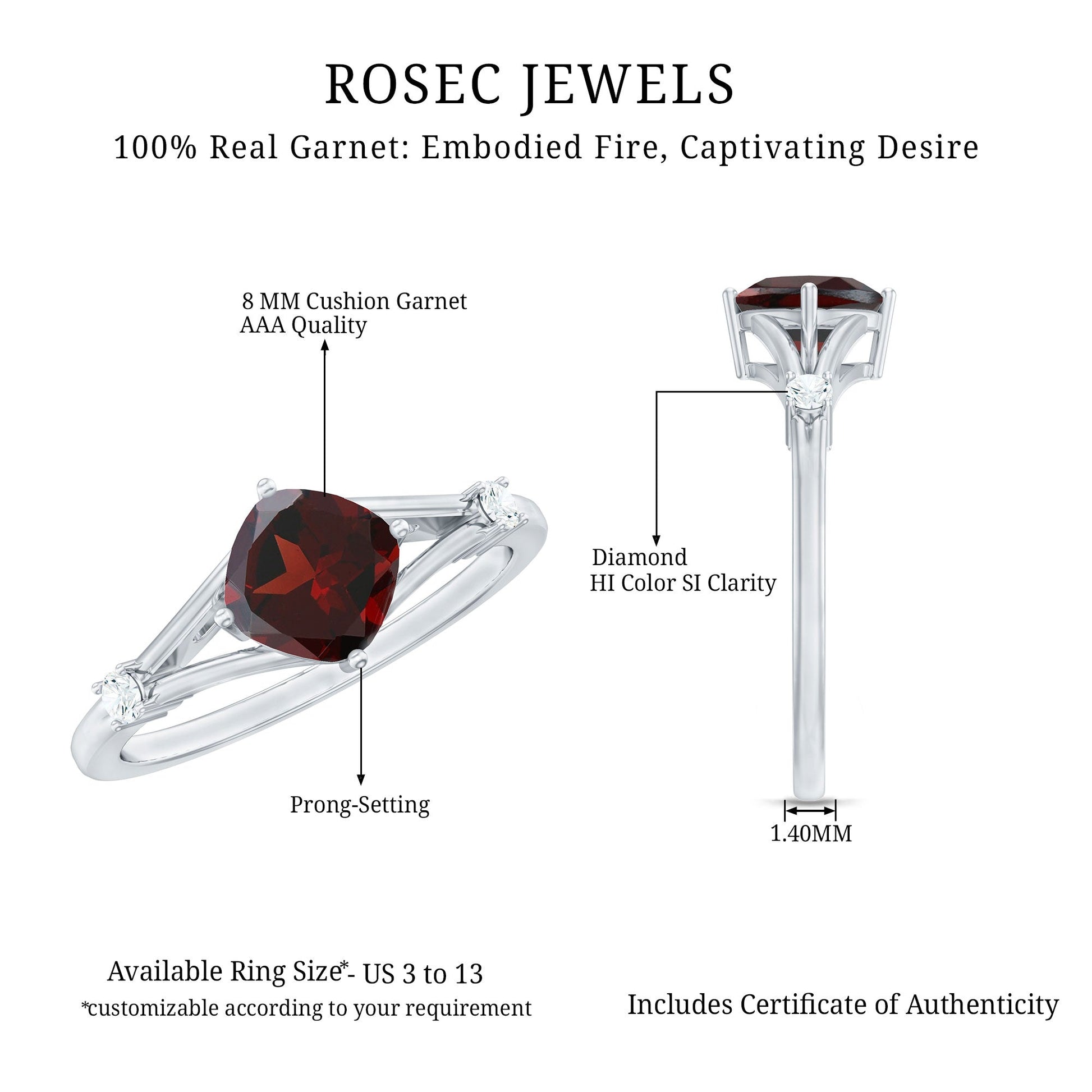 Rosec Jewels garnet ring with diamond on a white background