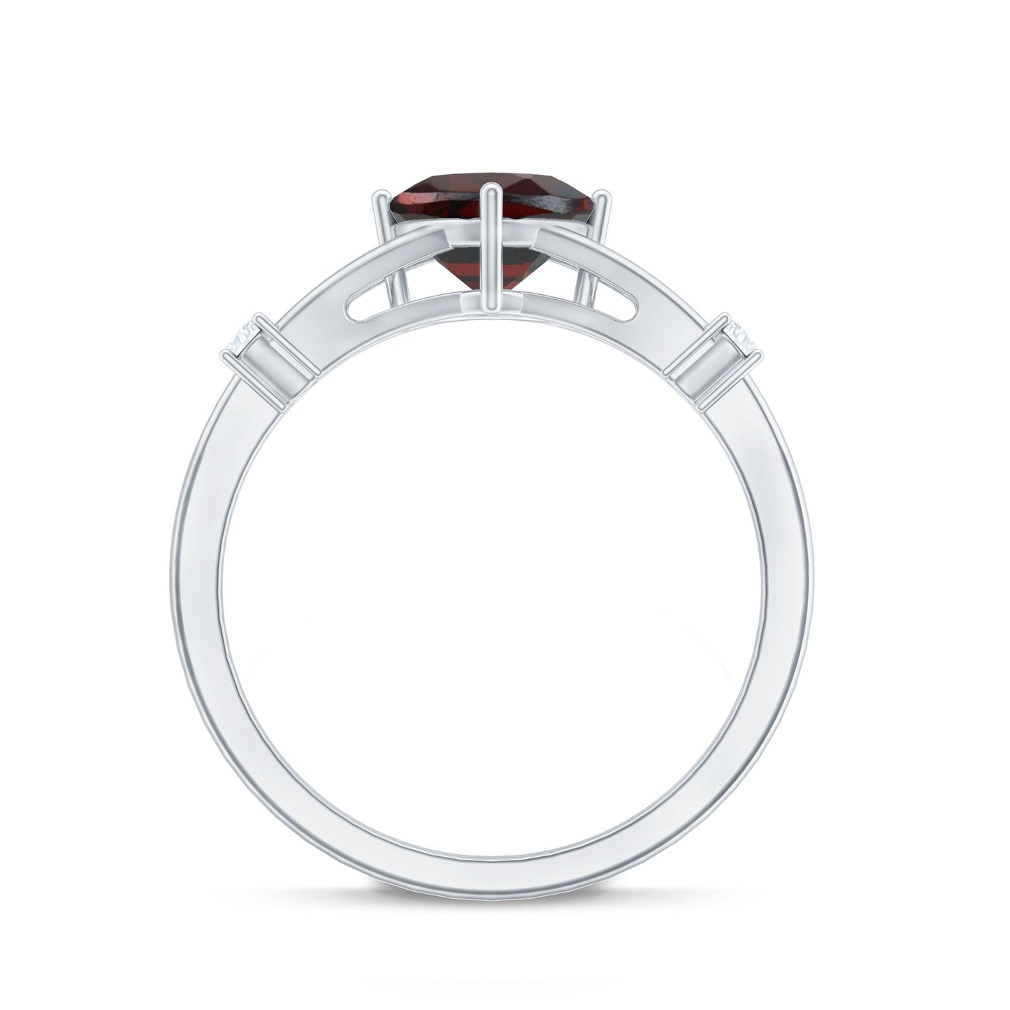 Silver ring with a red gemstone on a white background