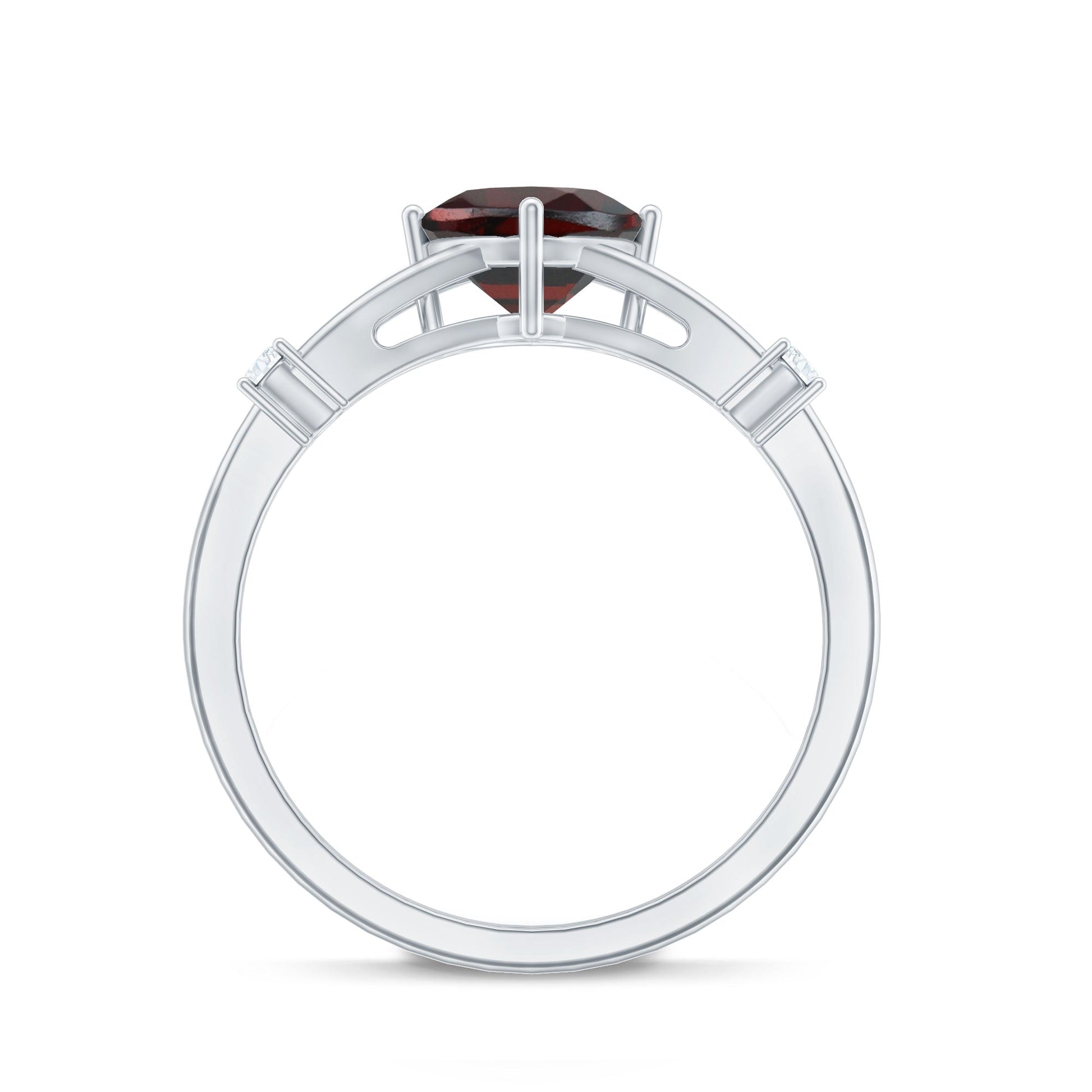Silver ring with a red gemstone on a white background