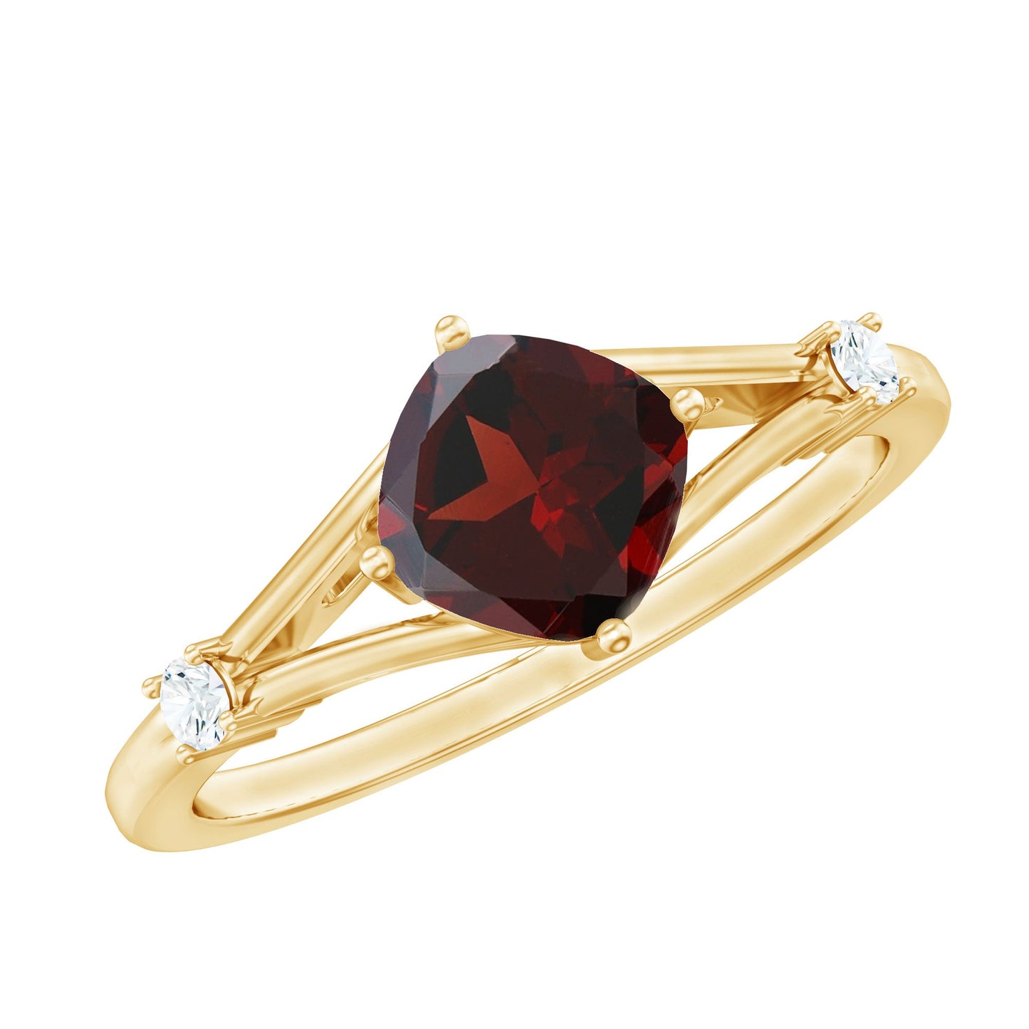 Gold ring with a red gemstone and smaller clear stones on a white background