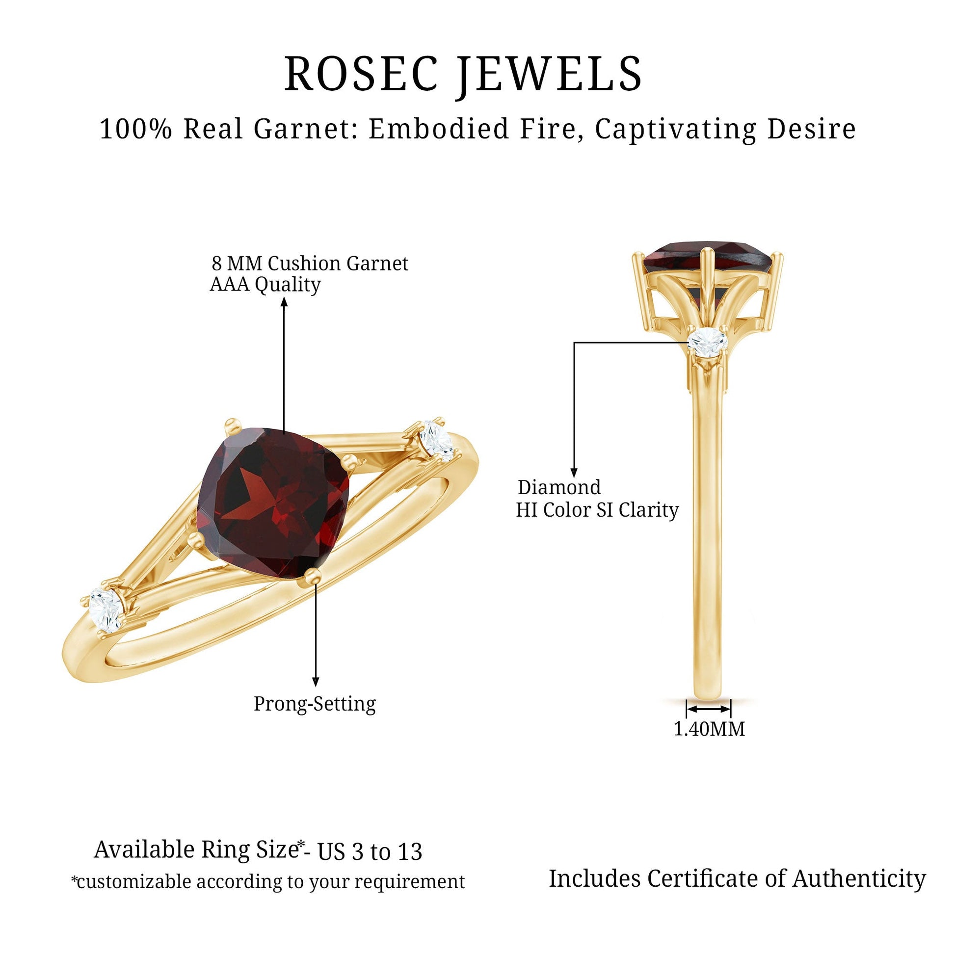 Gold ring with red gemstone and diamond, labeled 'ROSEC JEWELS' on a white background.
