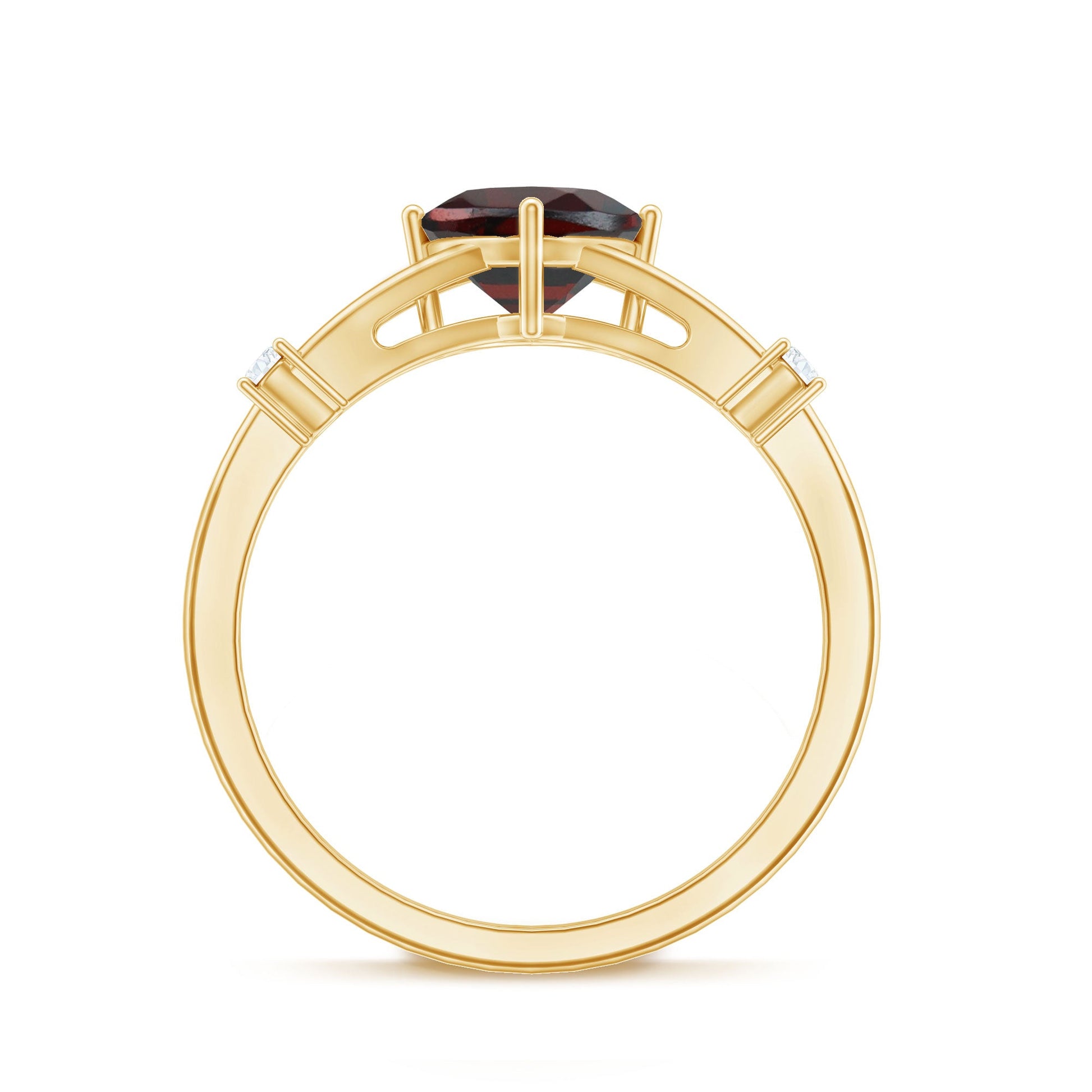 Gold ring with a red gemstone on a white background