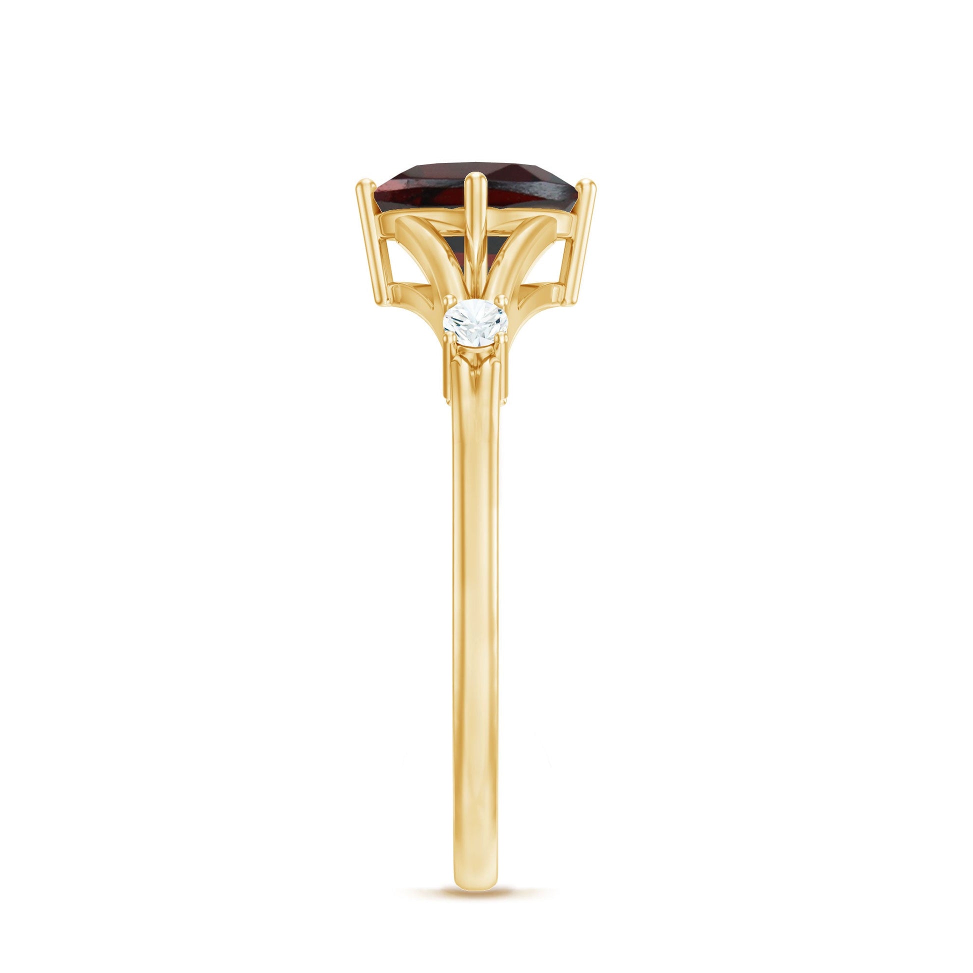 Gold ring with a garnet stone on a white background
