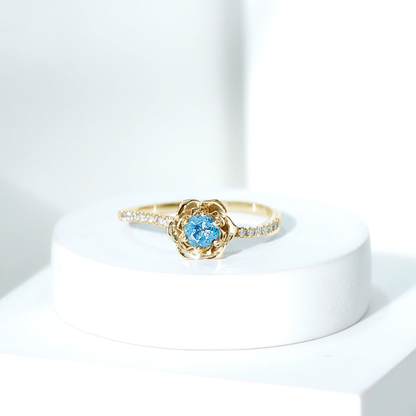 5mm Round London Blue Topaz Floral Engagement Ring with Diamond