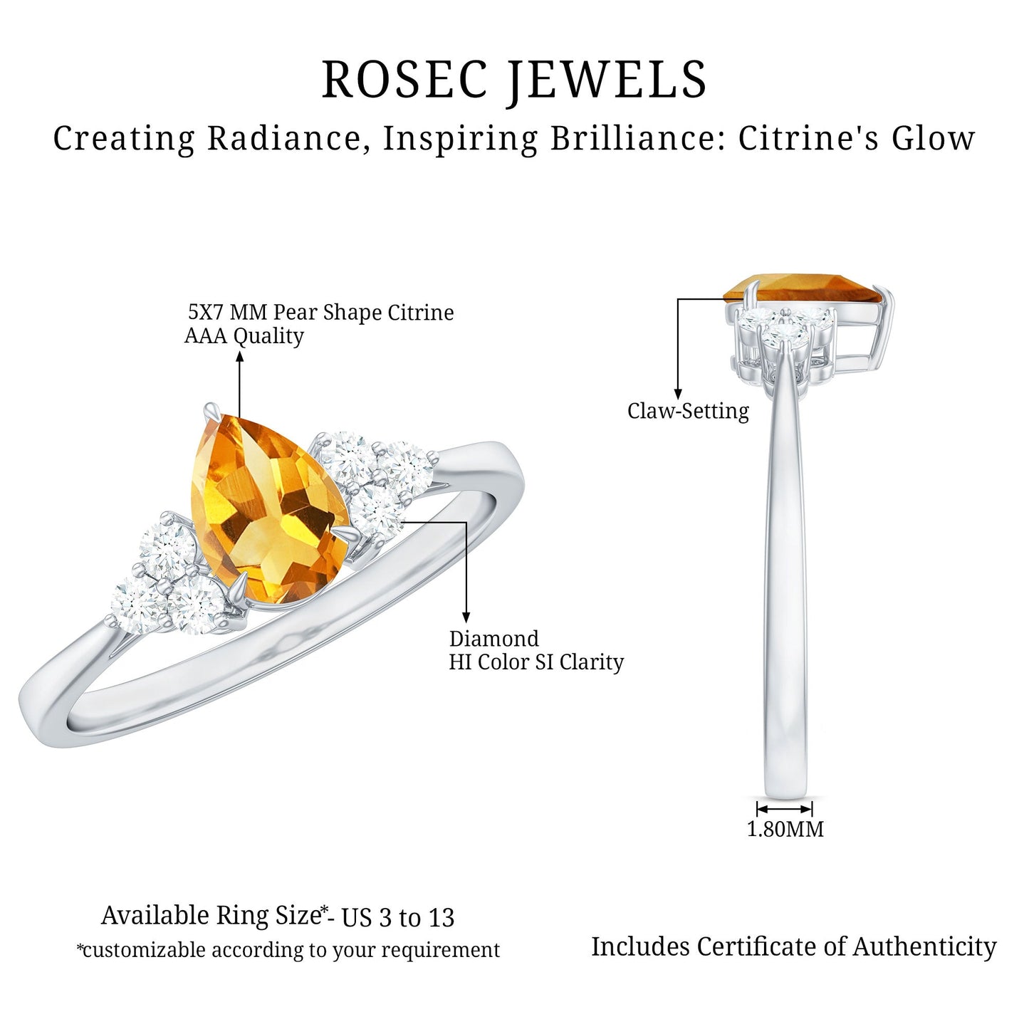 Classic Citrine Teardrop Engagement Ring with Diamond Trio