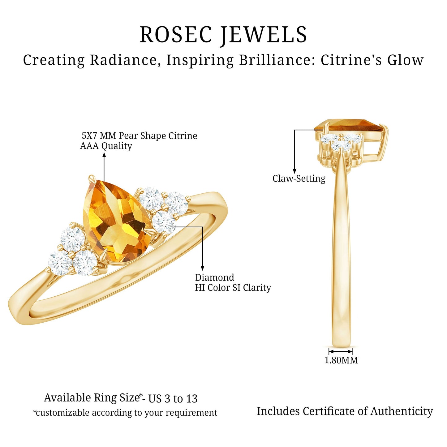Classic Citrine Teardrop Engagement Ring with Diamond Trio