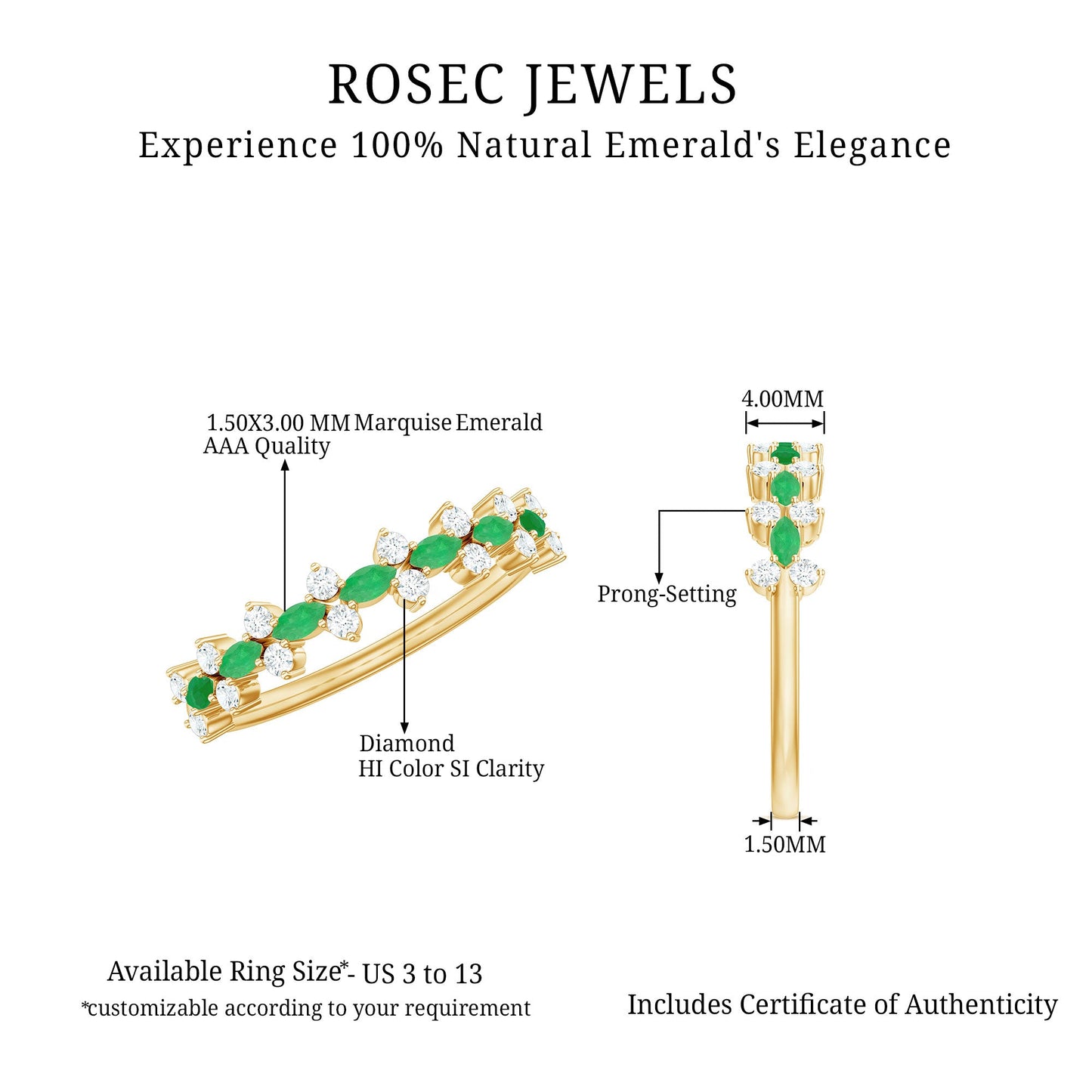 Genuine Emerald and Diamond Half Eternity Ring for Women