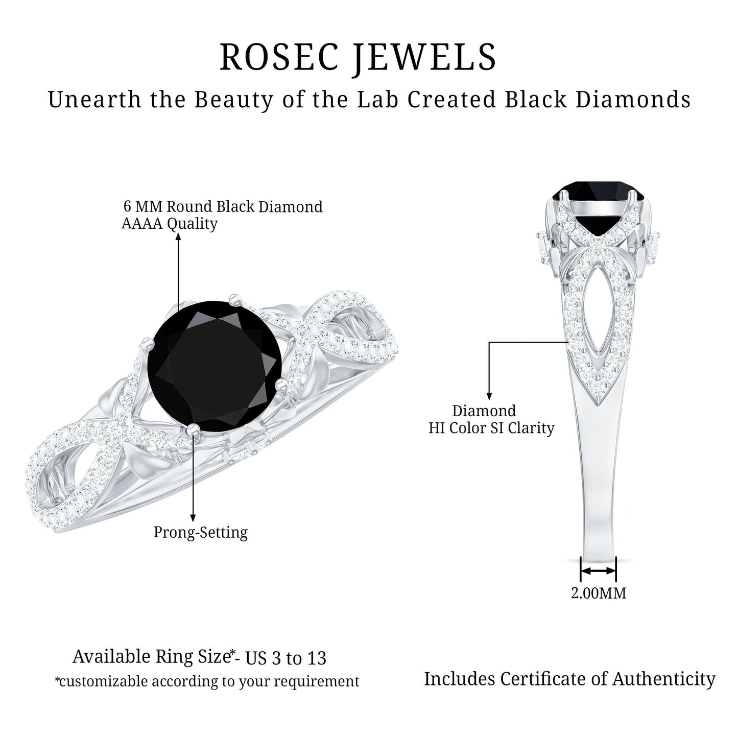 Created Black Diamond Crossover Engagement Ring with Diamond