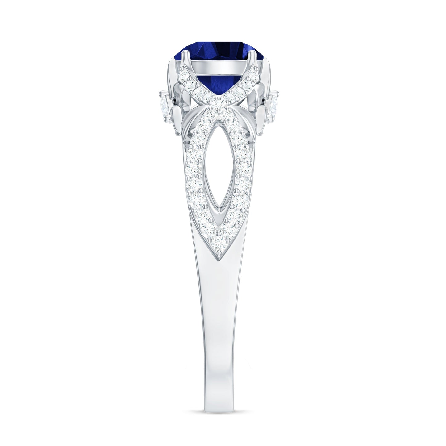 1 Carat Lab Grown Blue Sapphire Engagement Ring with Diamond Crossover Shank