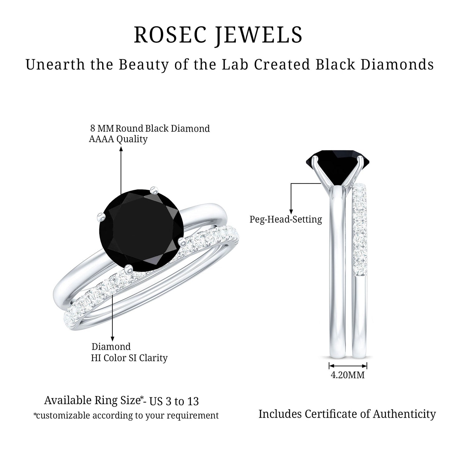 2 CT Created Black Diamond Solitaire Bridal Ring Set with Diamond