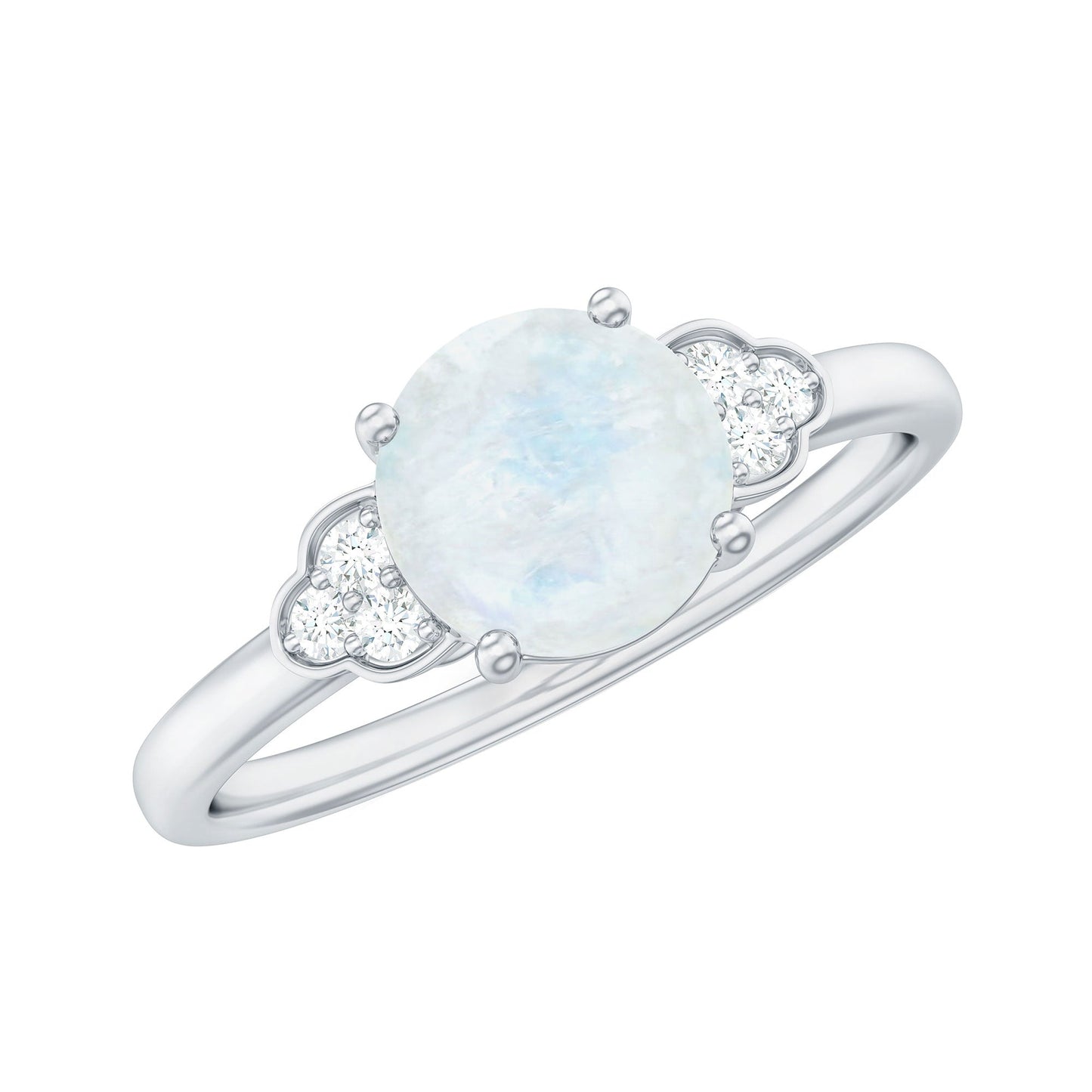Silver ring with a central moonstone and smaller diamonds on a white background