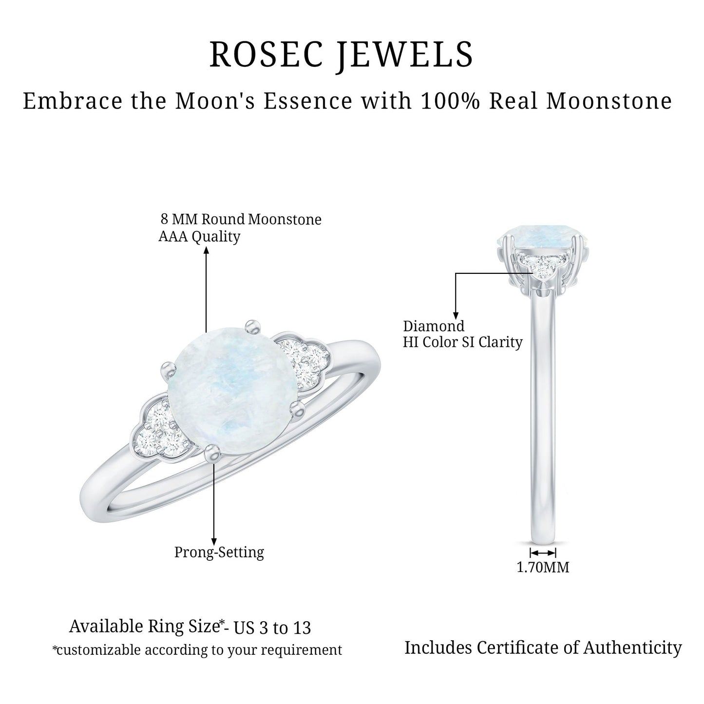Rosec Jewels ring and earring set with moonstone and diamond details on a white background
