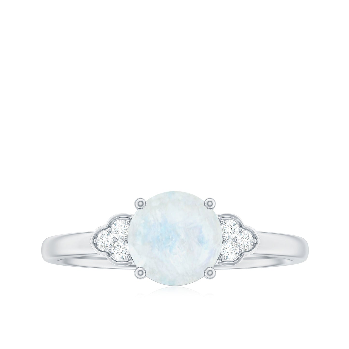 Silver ring with a central opal stone and two smaller stones on a white background