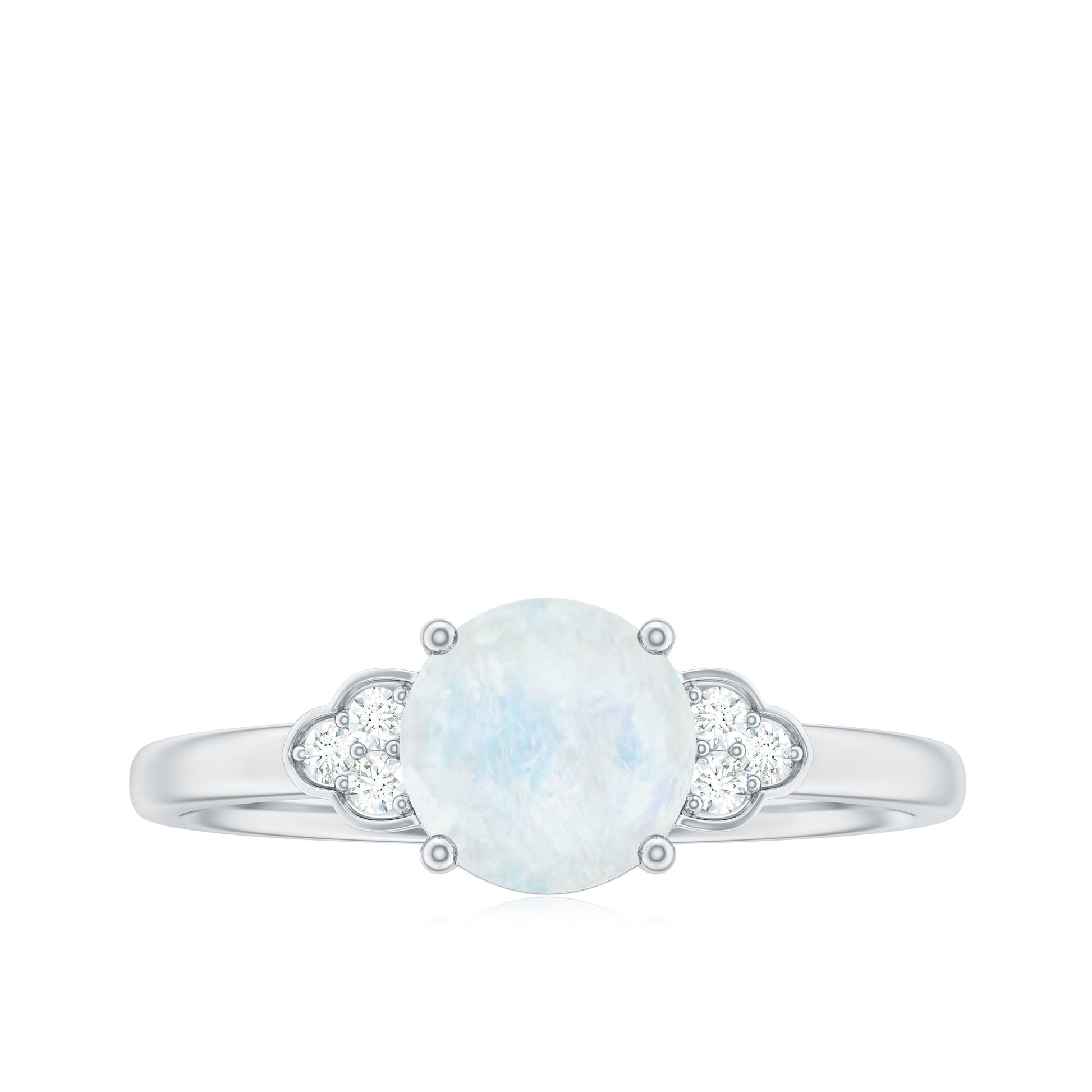 Silver ring with a central opal stone and two smaller stones on a white background