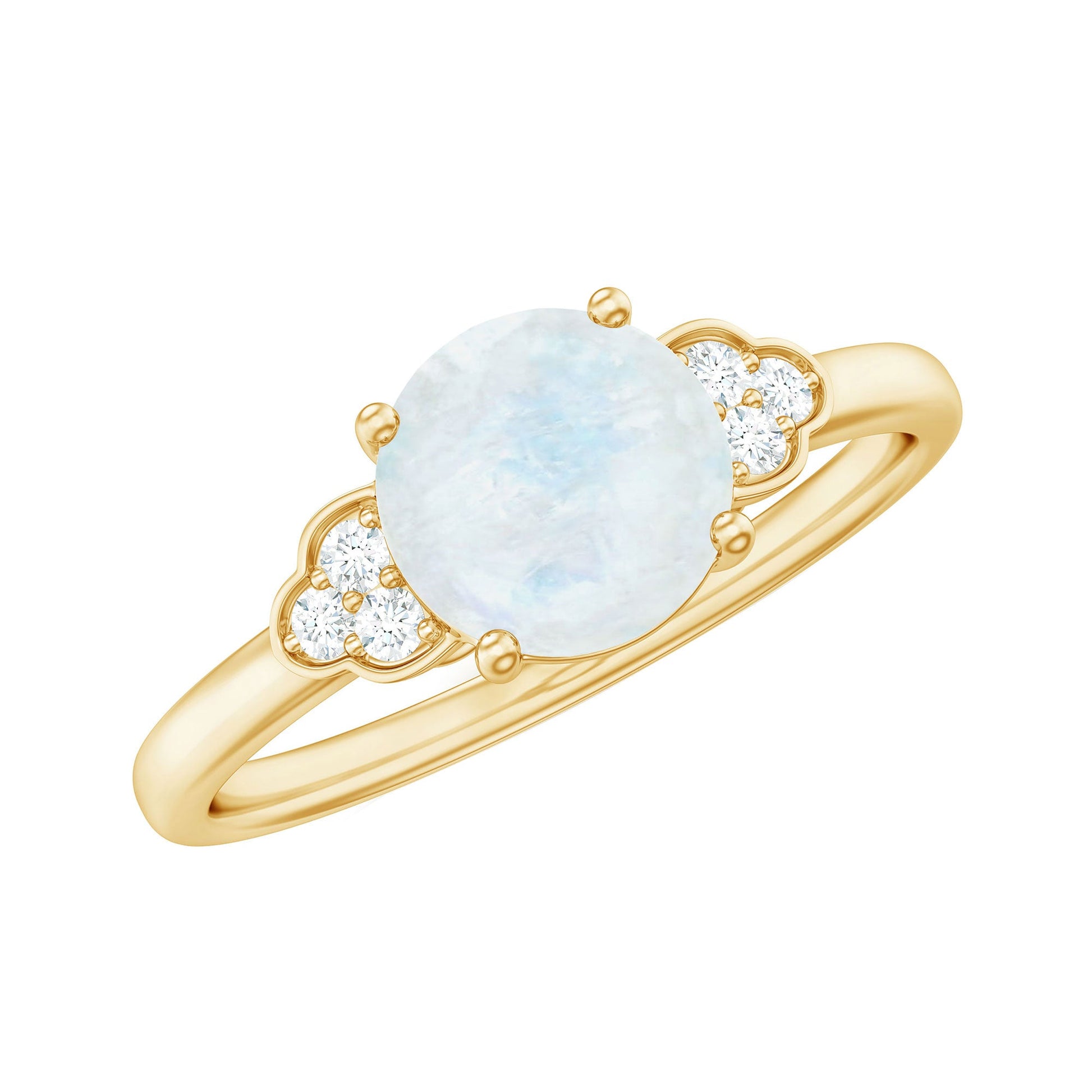 Gold ring with a central blue gemstone and smaller diamonds on a white background