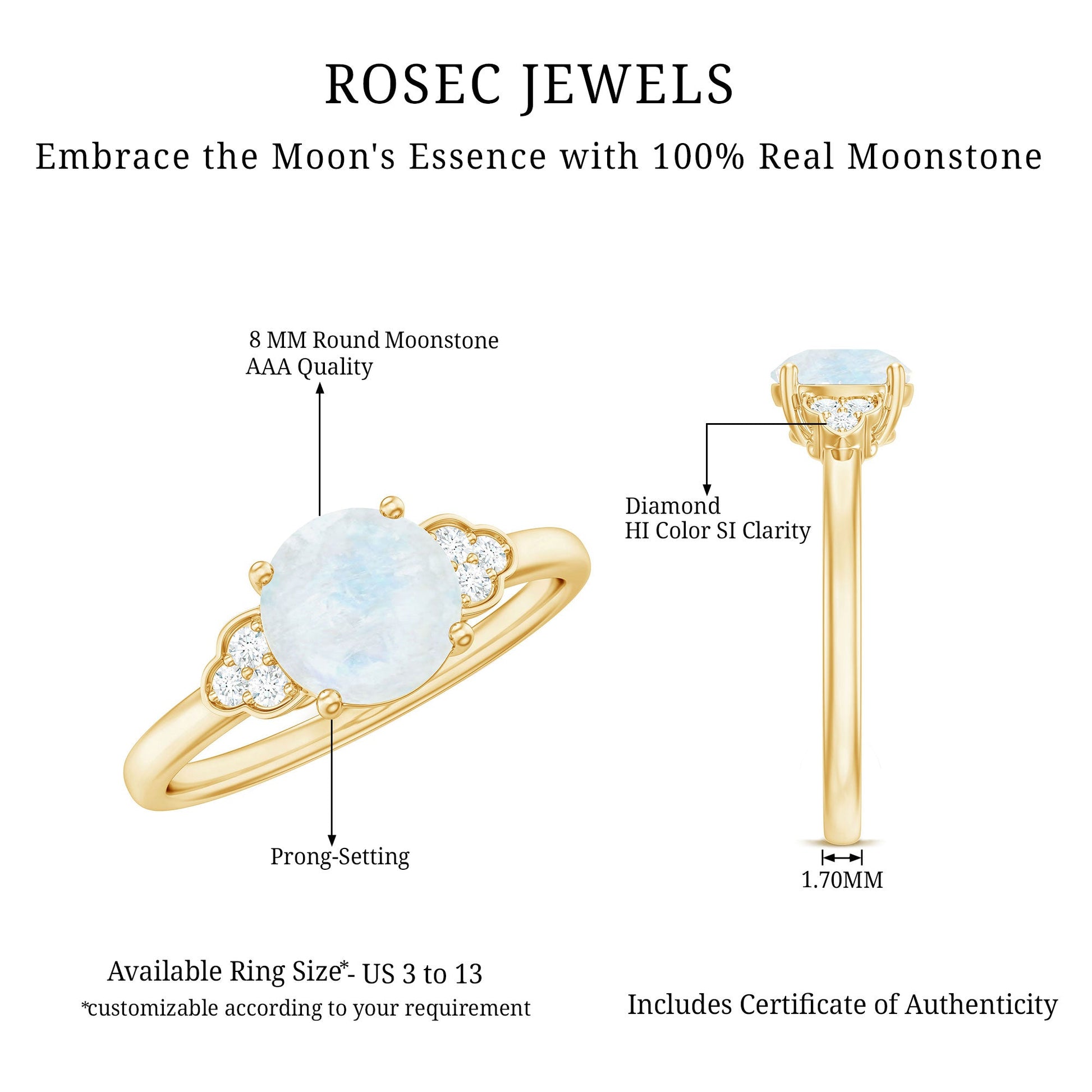 Rosec Jewels ring with moonstone and diamond details on a white background