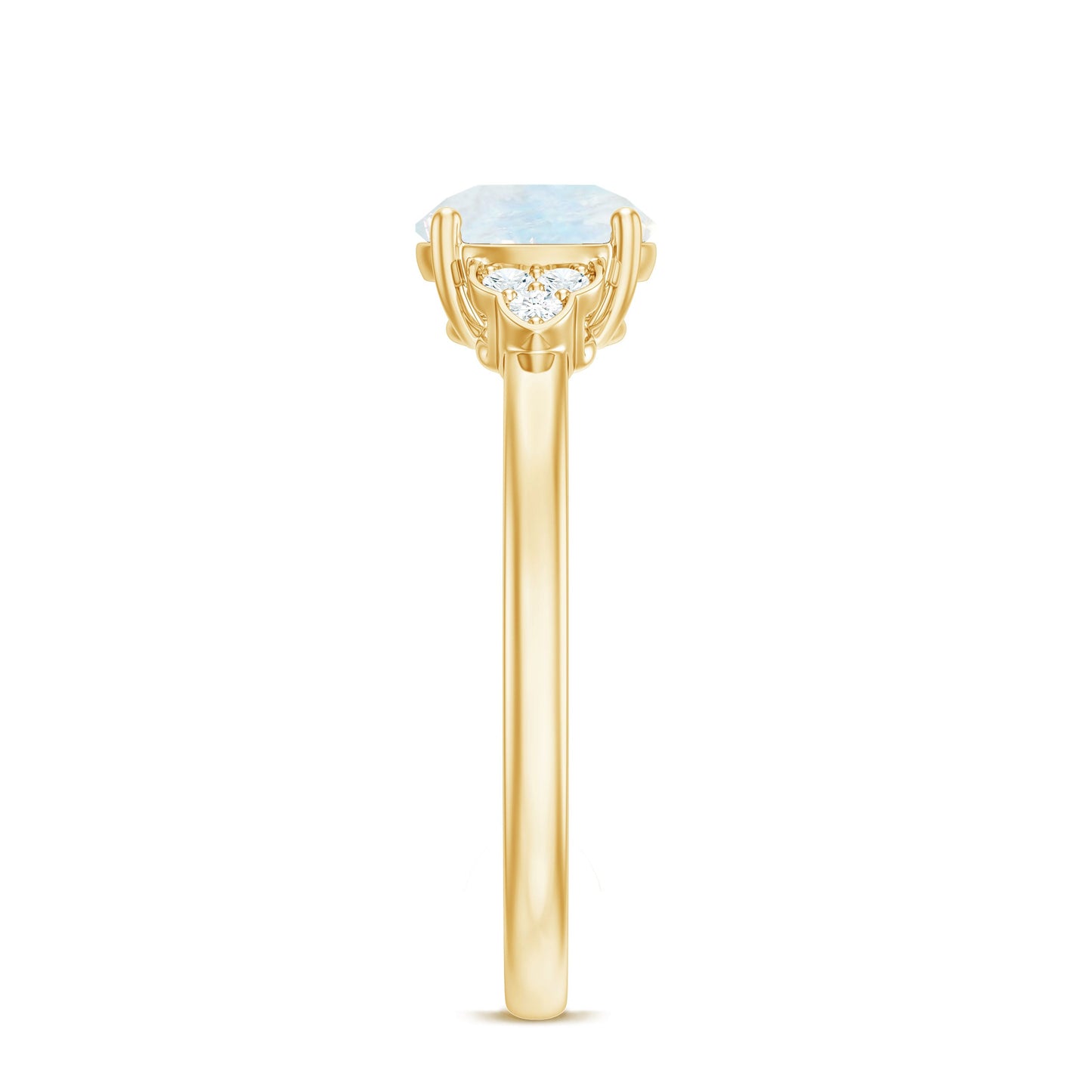 Gold ring with a light blue gemstone and diamond on a white background
