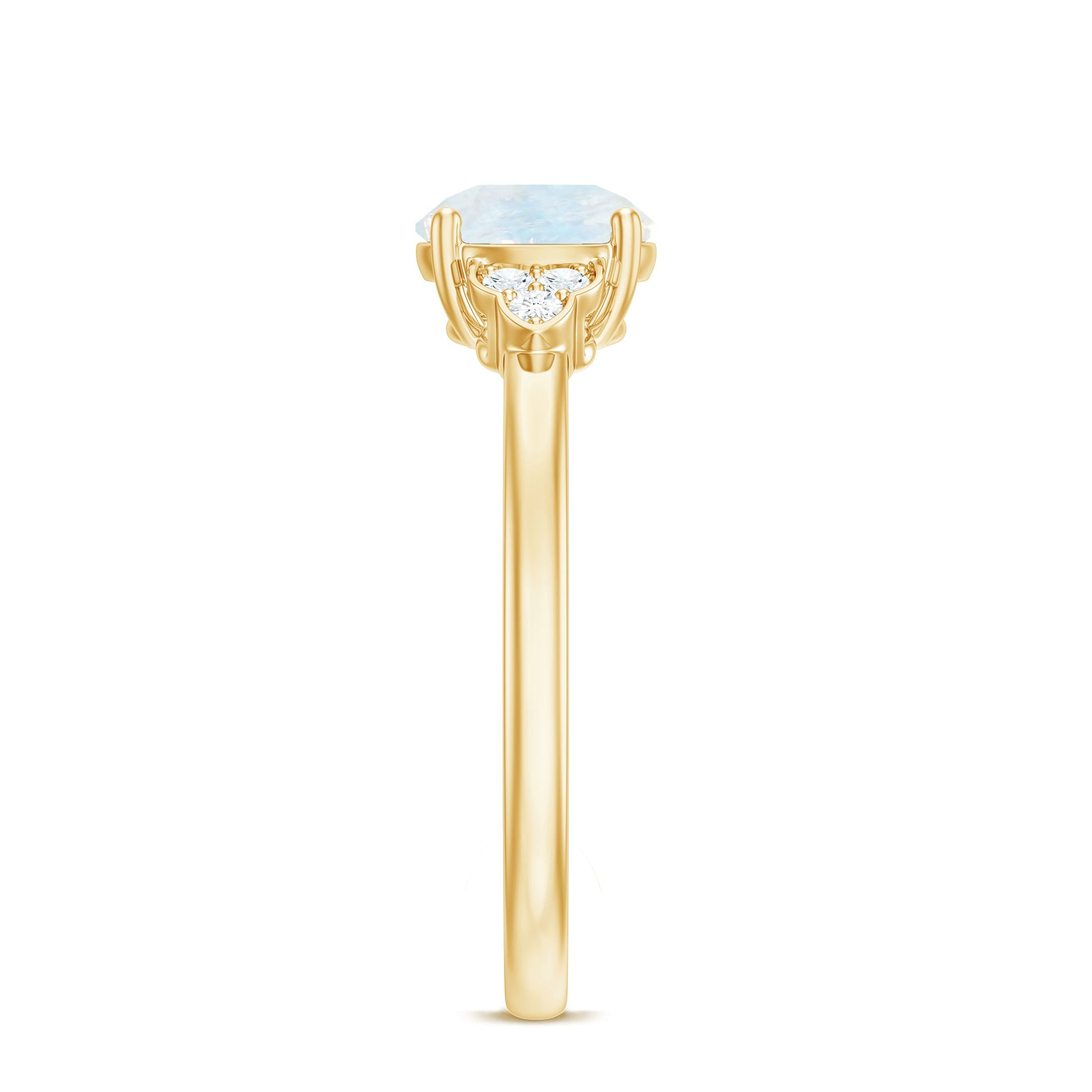 Gold ring with a light blue gemstone and diamond on a white background