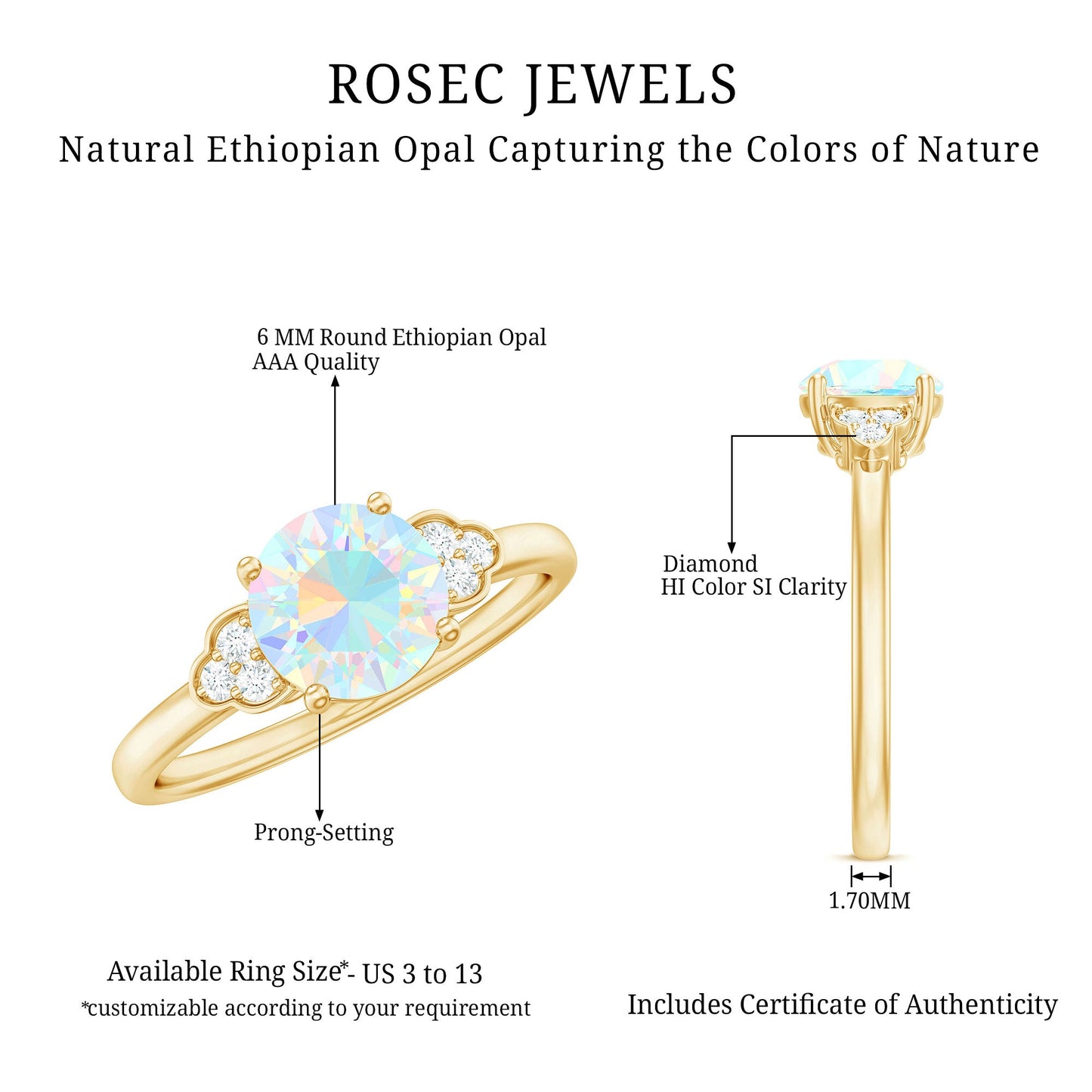 Natural Ethiopian Opal Engagement Ring with Diamond Trio