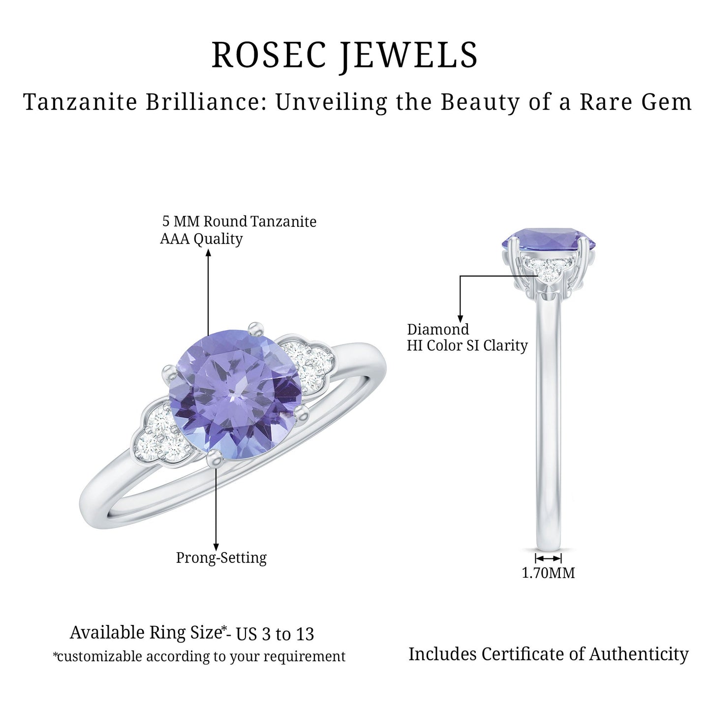 Natural Tanzanite Engagement Ring with Trio of Diamond