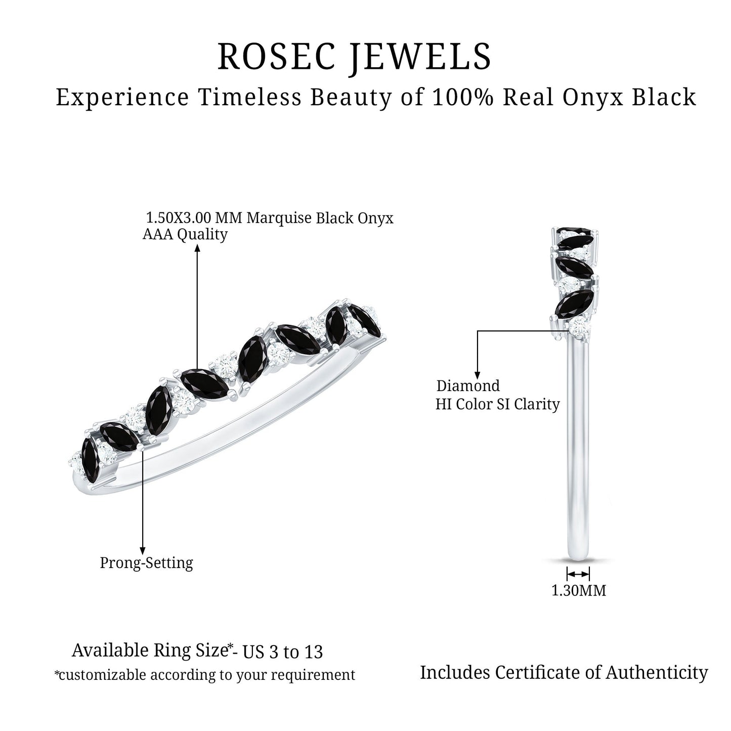 Minimalist Black Onyx and Diamond Half Eternity Ring