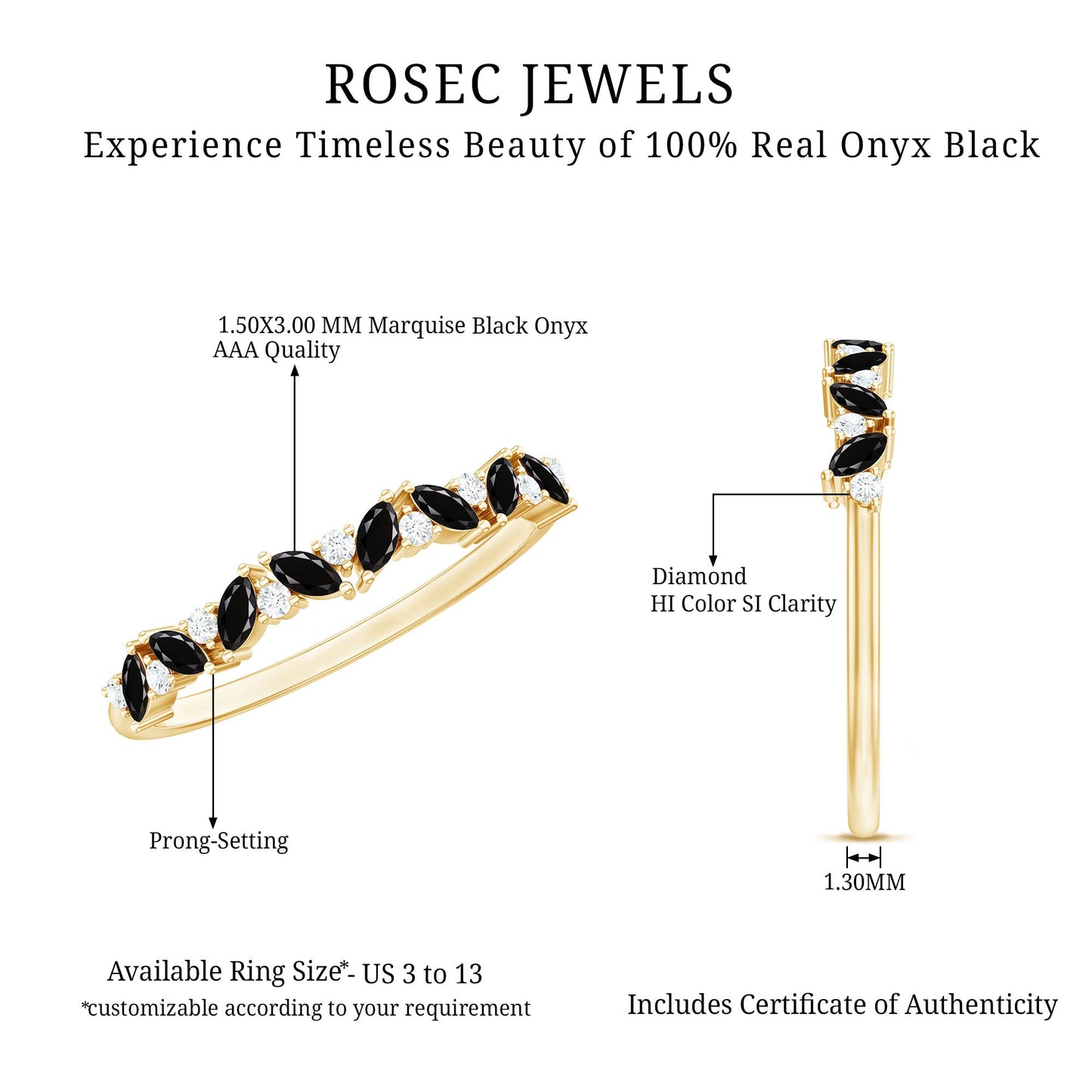 Minimalist Black Onyx and Diamond Half Eternity Ring