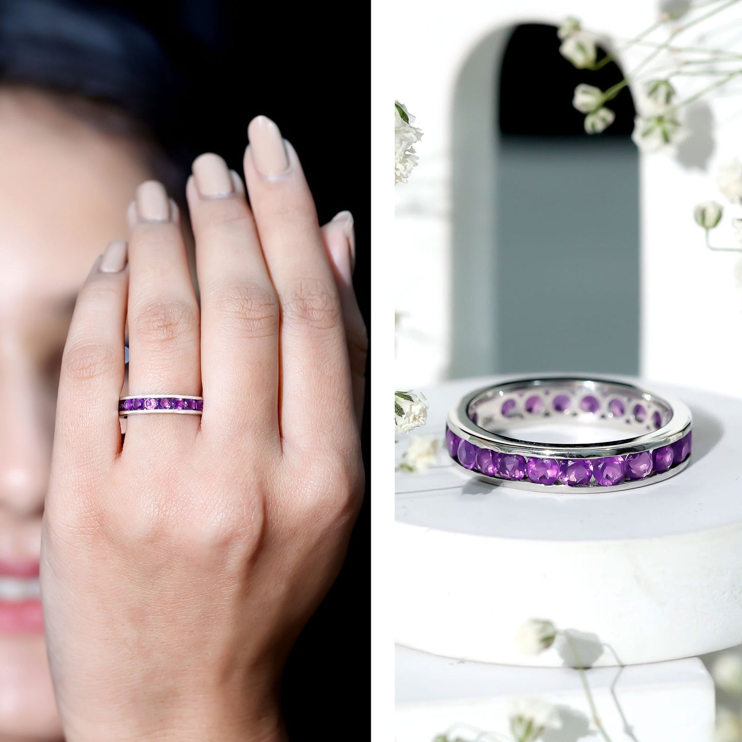 Round Shape Amethyst Eternity Ring in Channel Setting