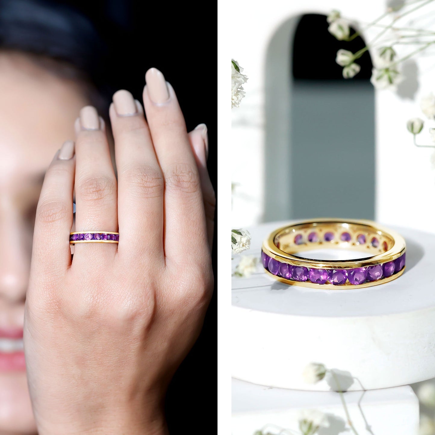 Round Shape Amethyst Eternity Ring in Channel Setting